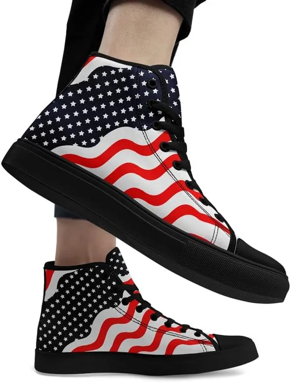 American Flag High Top Canvas Shoes, USA Flag Fashion Sneakers Lightweight Lace-Up Casual Walking Shoes for Women & Men