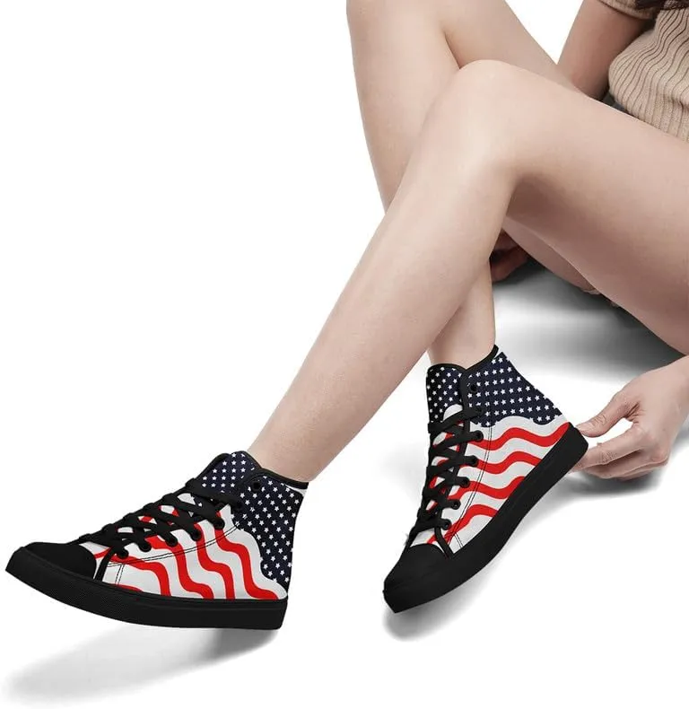 American Flag High Top Canvas Shoes, USA Flag Fashion Sneakers Lightweight Lace-Up Casual Walking Shoes for Women & Men