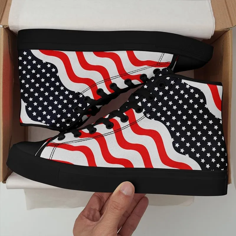 American Flag High Top Canvas Shoes, USA Flag Fashion Sneakers Lightweight Lace-Up Casual Walking Shoes for Women & Men