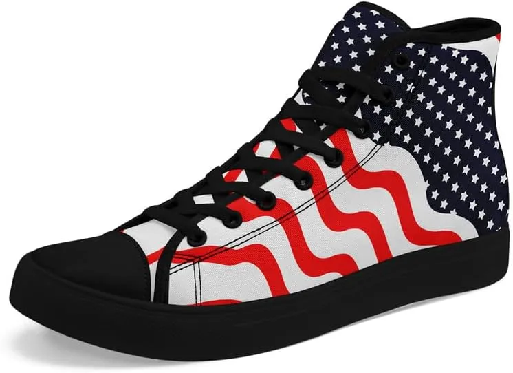 American Flag High Top Canvas Shoes, USA Flag Fashion Sneakers Lightweight Lace-Up Casual Walking Shoes for Women & Men