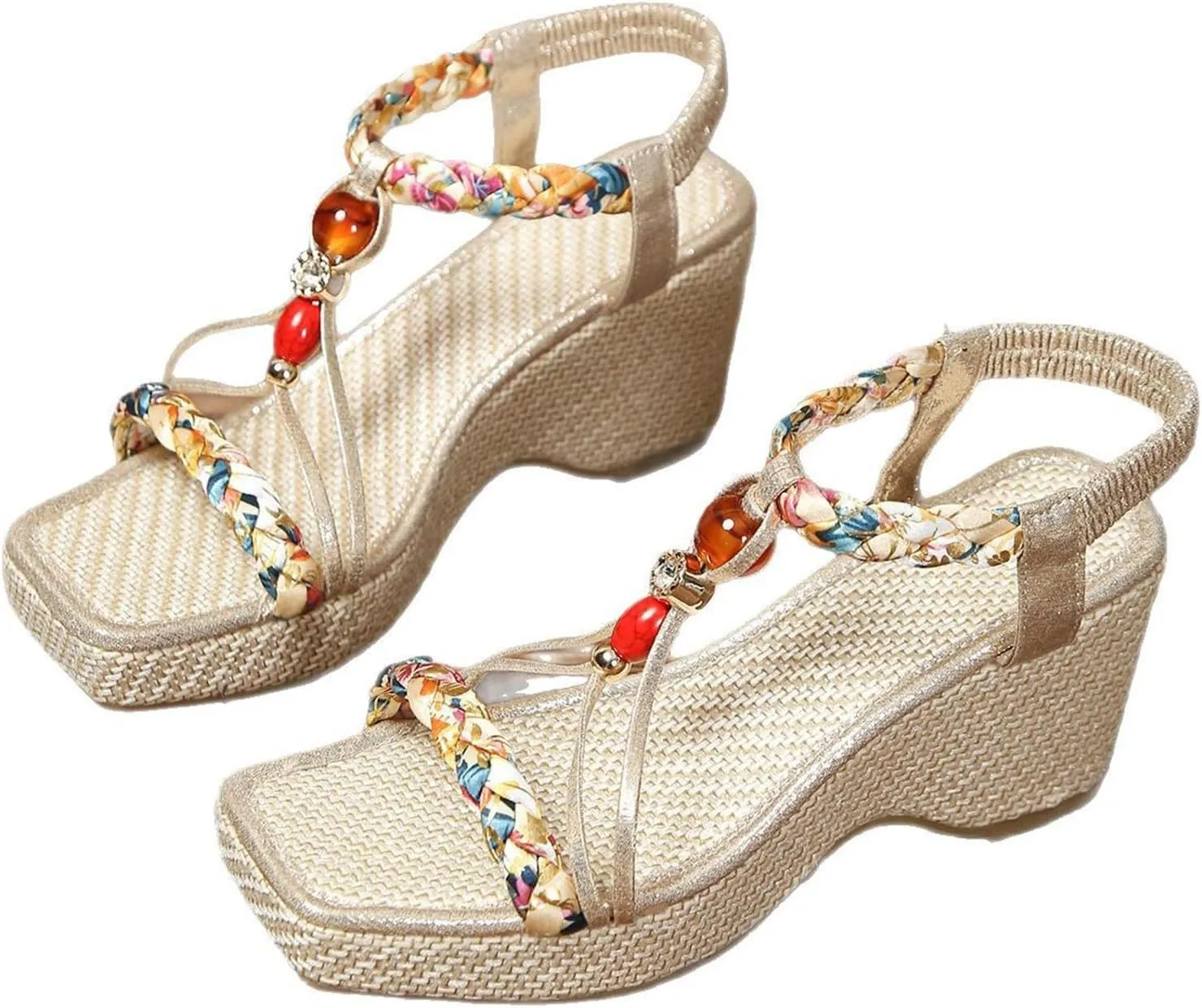 Bohemian Wedge Sandals for Women Low Heel Espadrilles Orthopedic Sandals with Arch Support Elastic Ankle Strap Boho Dress Shoes