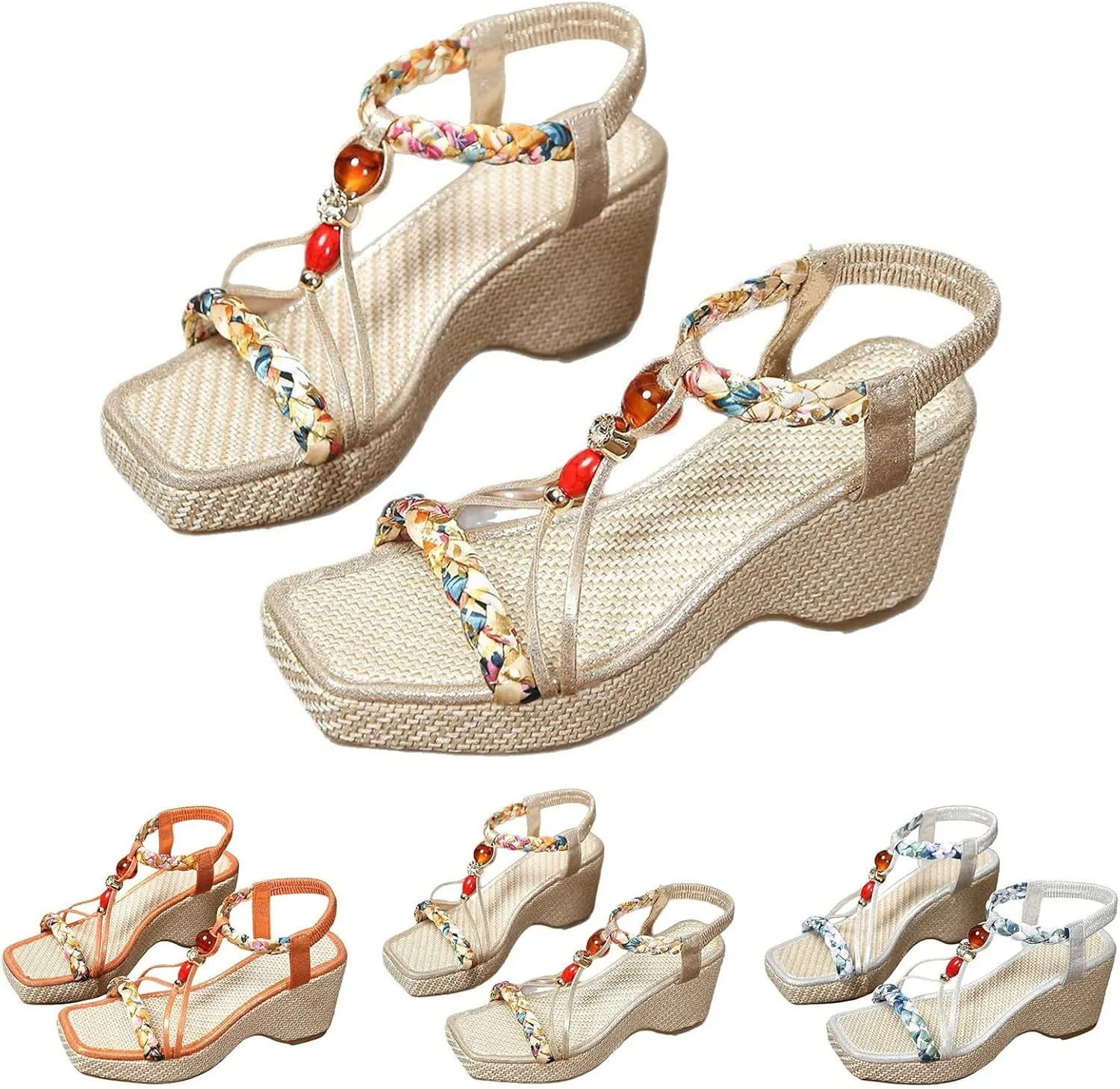 Bohemian Wedge Sandals for Women Low Heel Espadrilles Orthopedic Sandals with Arch Support Elastic Ankle Strap Boho Dress Shoes