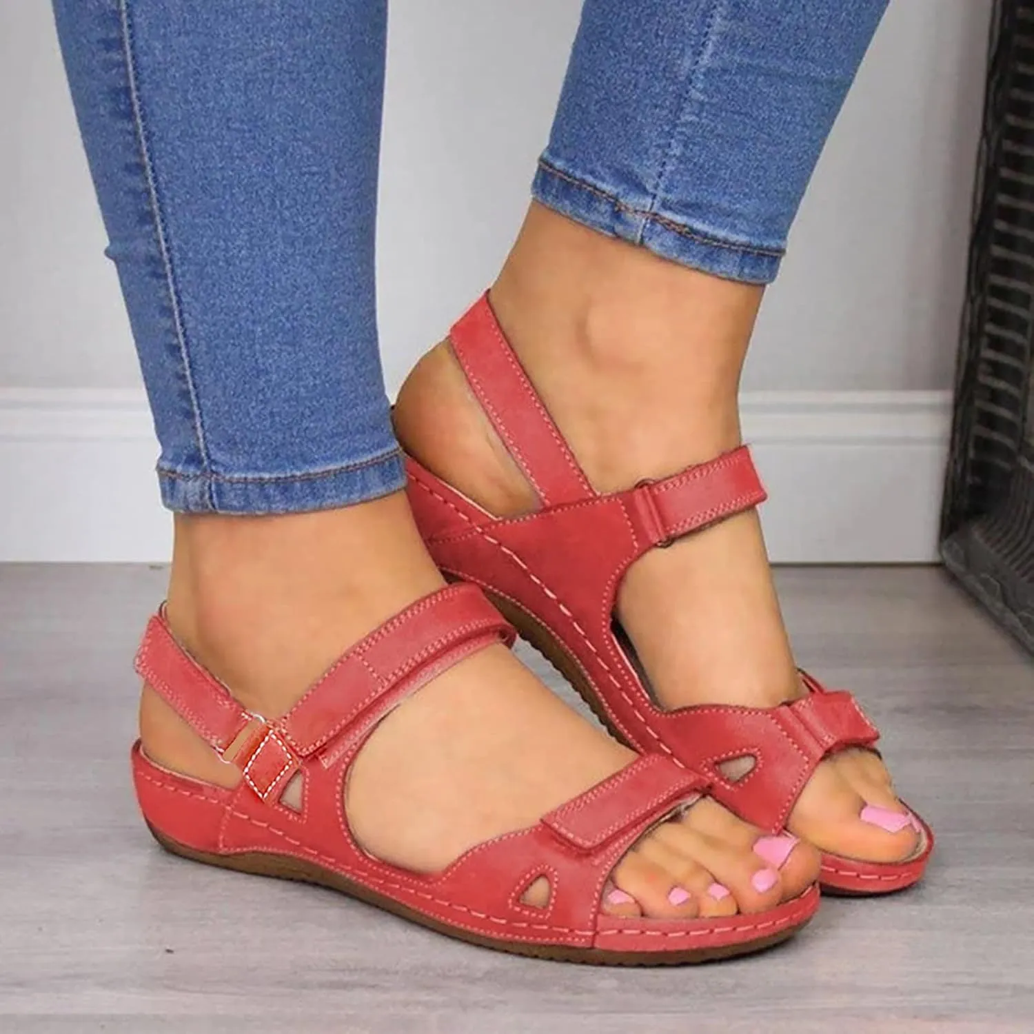 Comfortable Walking Sandals Women Orthopedic Arch Support Adjustable Straps Summer Beach Casual Dressy Flat Sandals Open Toe