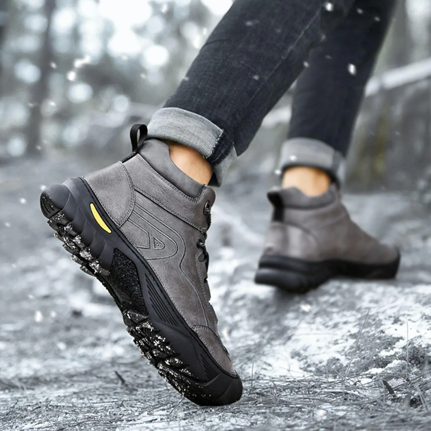 Crepuscute Mens Leather Lace Up Platform Hiking Boots Waterproof Non-Slip Warm Round Toe Snow Boots Outdoor Sport Walking Ankle Boots