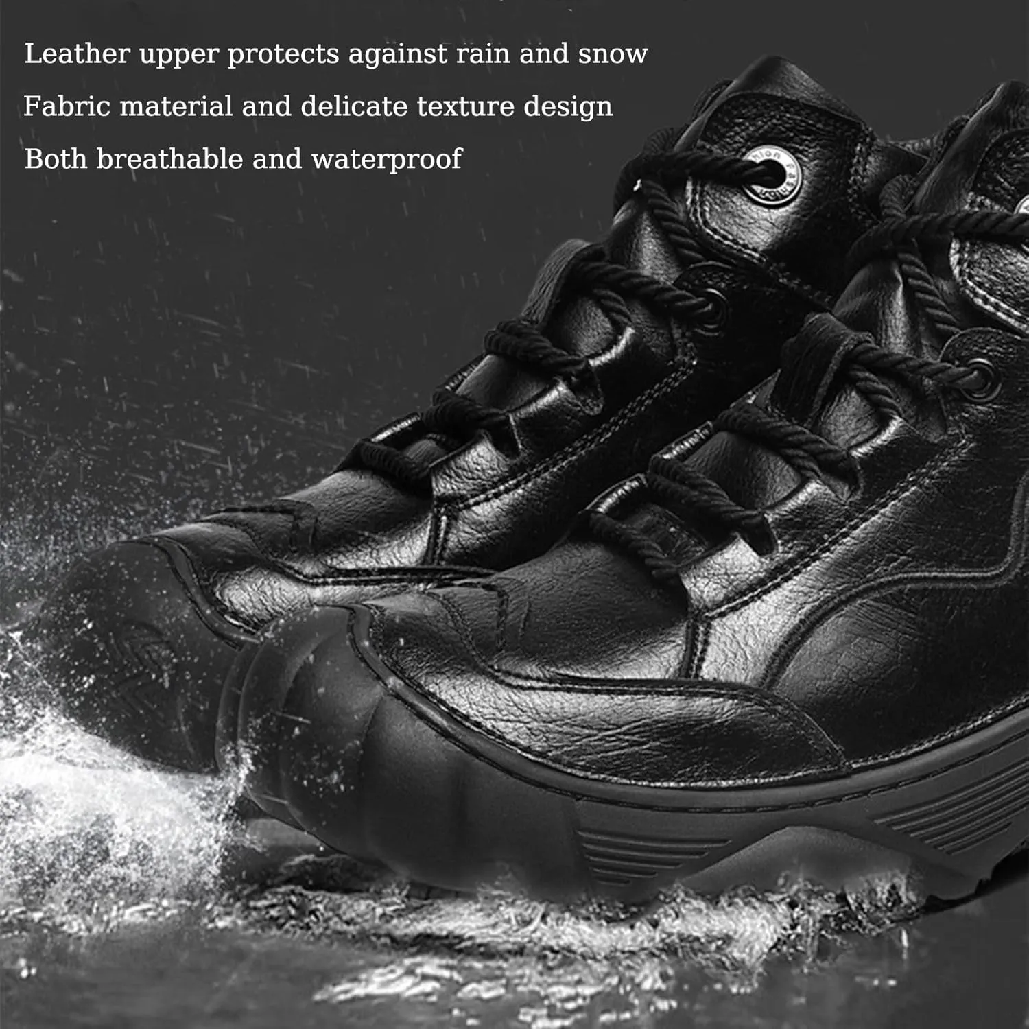 Crepuscute Mens Leather Lace Up Platform Hiking Boots Waterproof Non-Slip Warm Round Toe Snow Boots Outdoor Sport Walking Ankle Boots