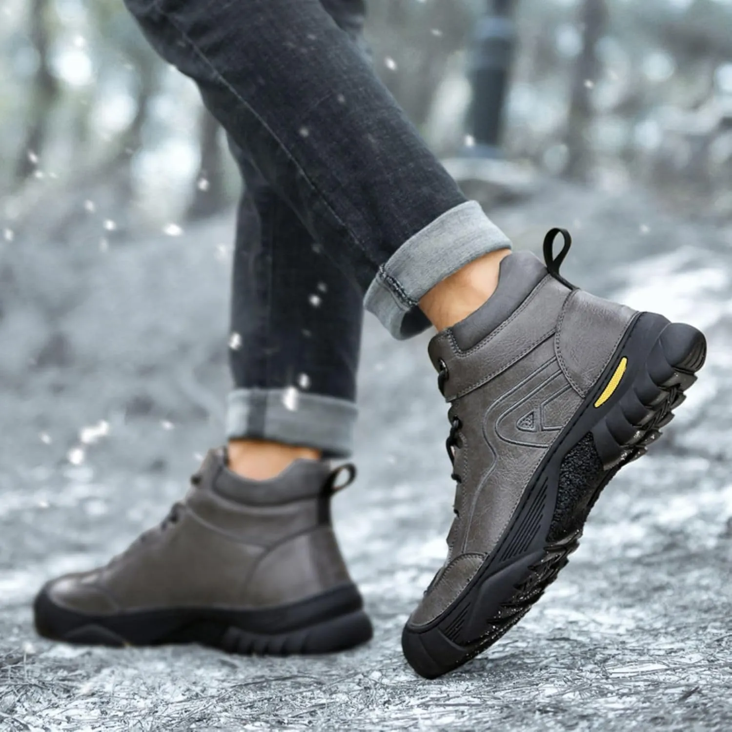 Crepuscute Mens Leather Lace Up Platform Hiking Boots Waterproof Non-Slip Warm Round Toe Snow Boots Outdoor Sport Walking Ankle Boots