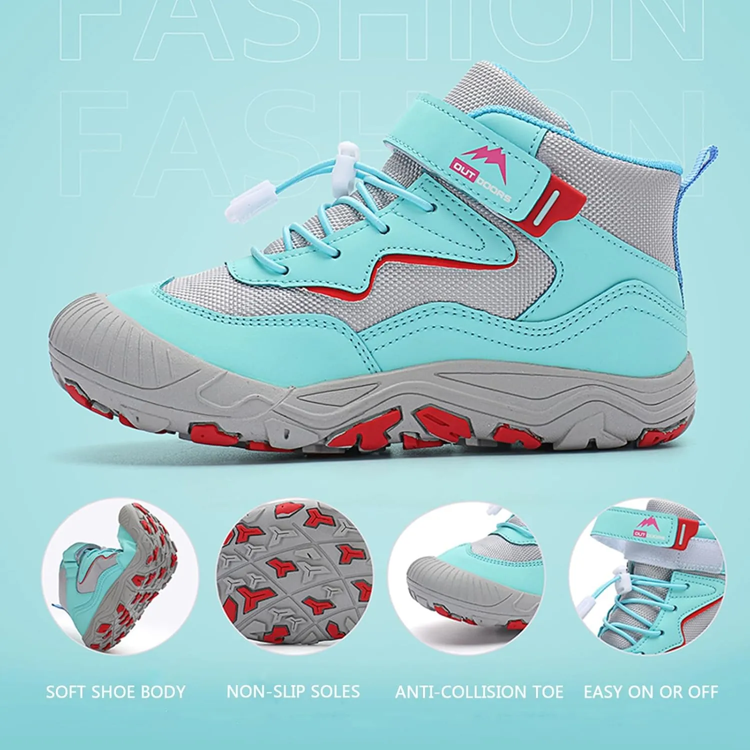 FLIOZY Kids Hiking Boots Boys Girls Mid-Top Outdoor Waterproof Non-Slip Breathable Sneakers with Anti-Collision Toe and Hook-and-Loop Closure