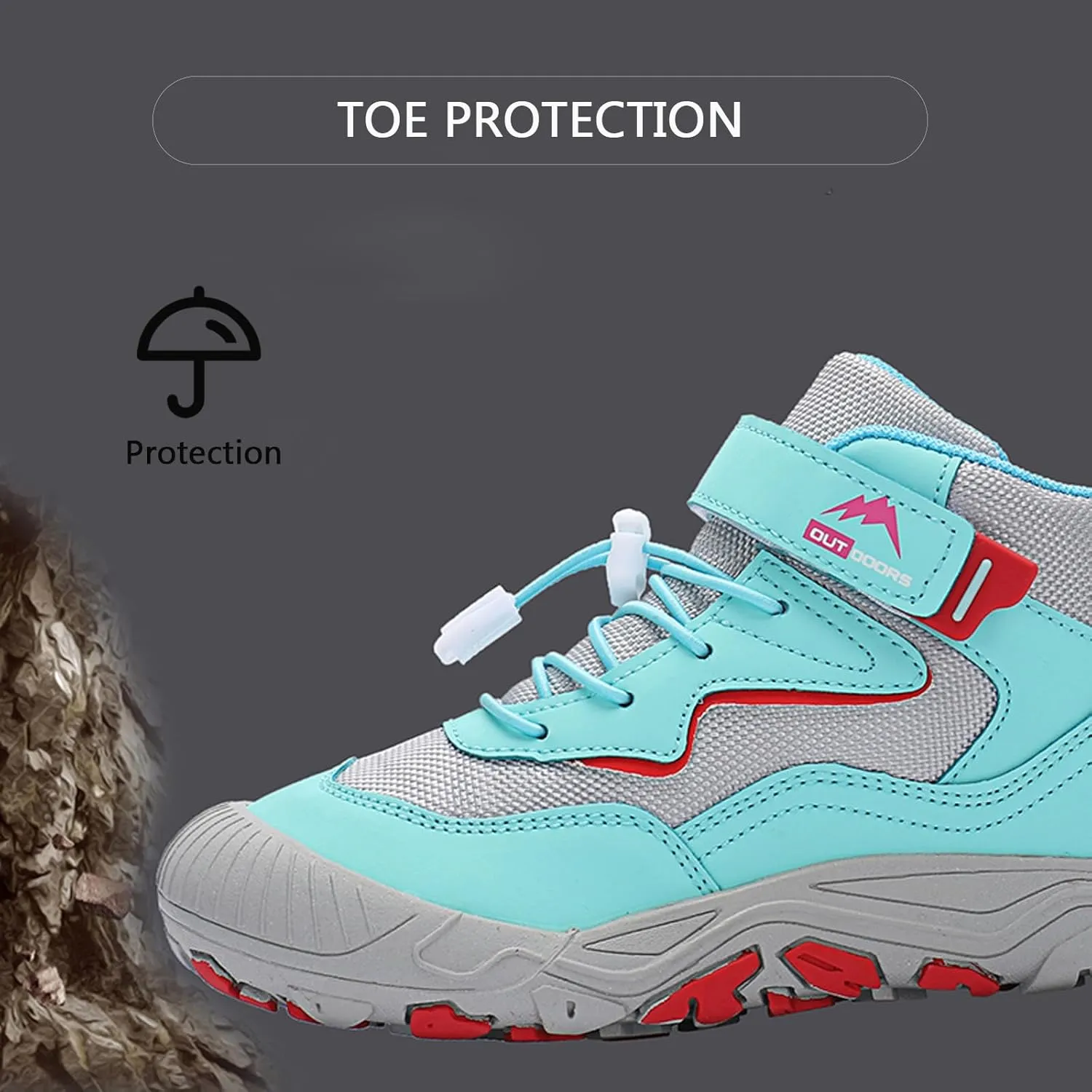 FLIOZY Kids Hiking Boots Boys Girls Mid-Top Outdoor Waterproof Non-Slip Breathable Sneakers with Anti-Collision Toe and Hook-and-Loop Closure