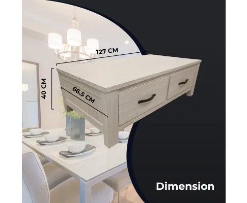 Foxglove Coffee Table 127cm 2 Drawer Solid Mt Ash Timber Wood - White