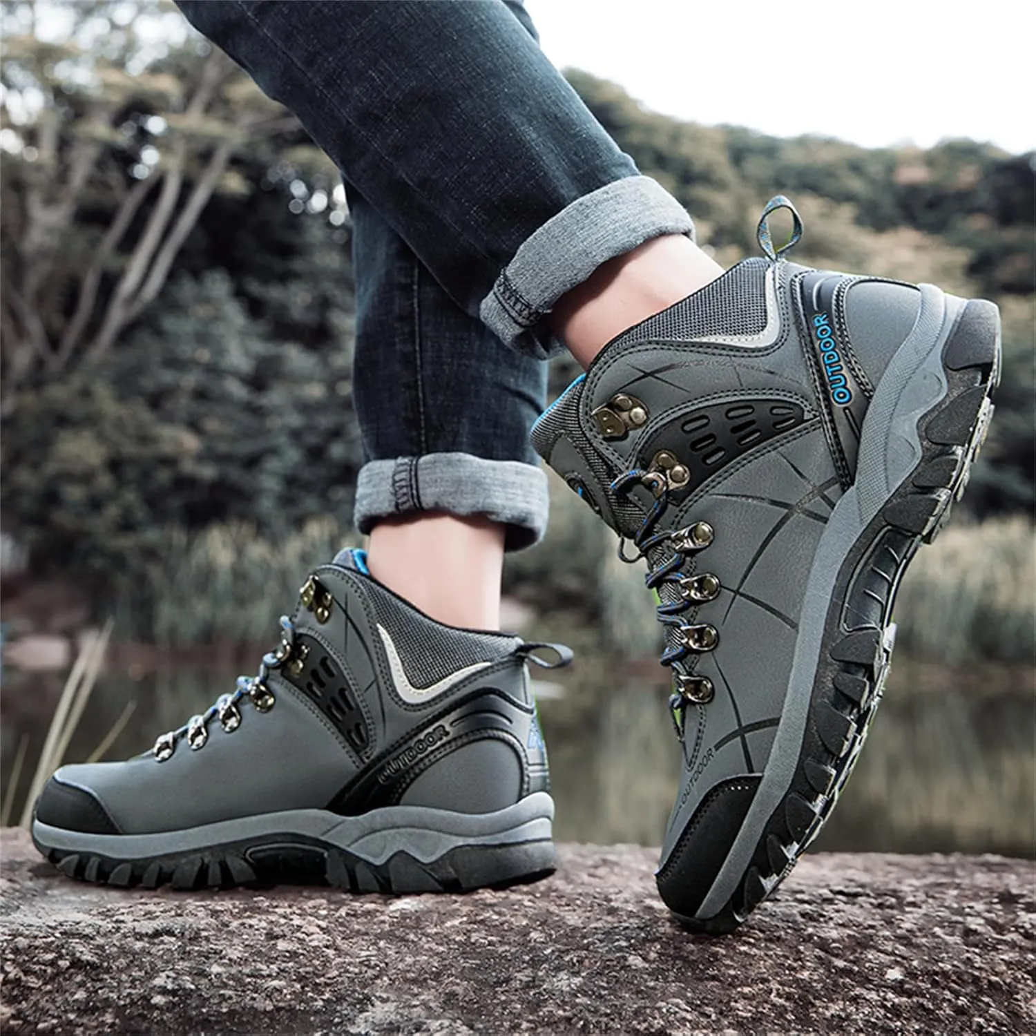 JiuQing Men's Walking Boots Outdoor Hiking Shoes Breathable Camping Trekking Sports Boots