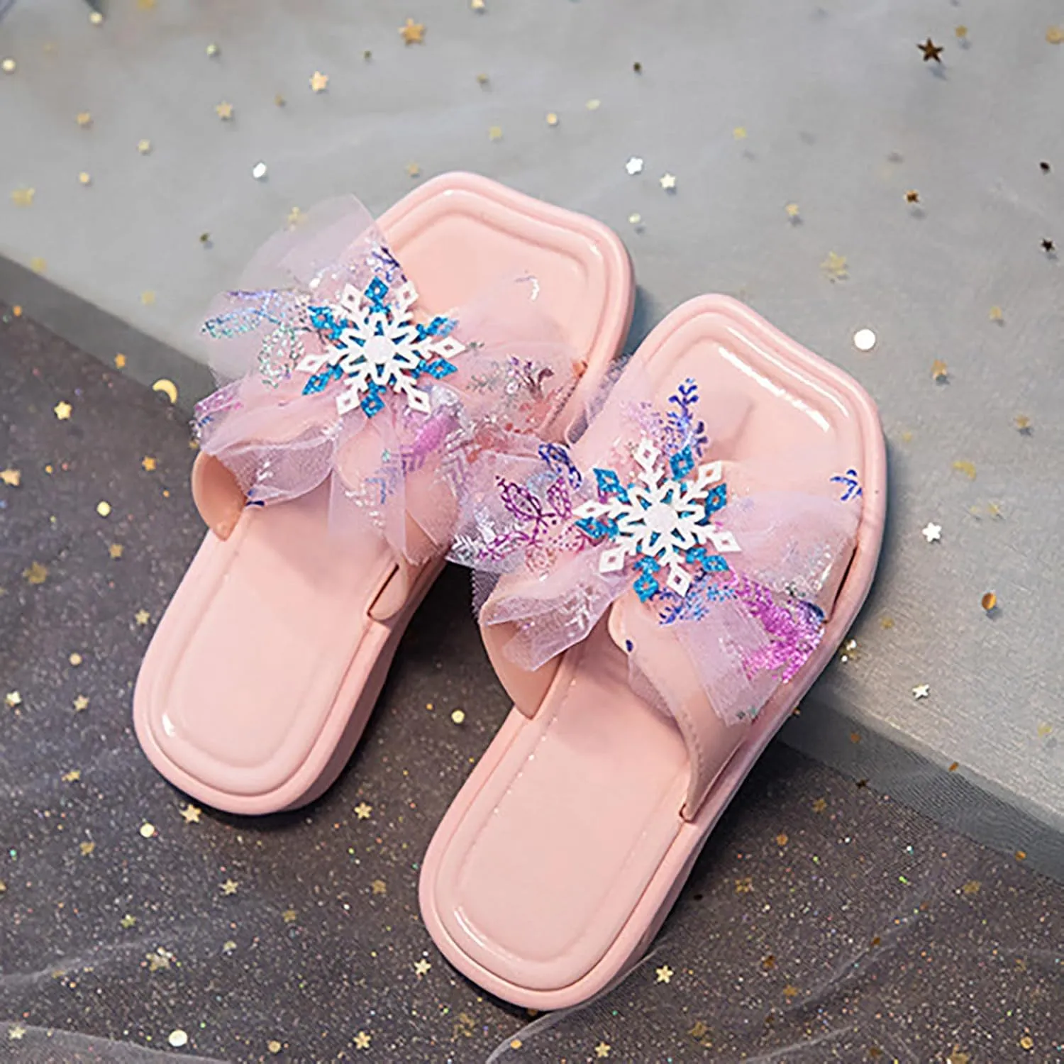 Kids Sliders Shiny Tulle Square Head Flat Slippers Toddler Girls Summer Cute Outdoor Flip Flops Open Toe Non-Slip Shoes