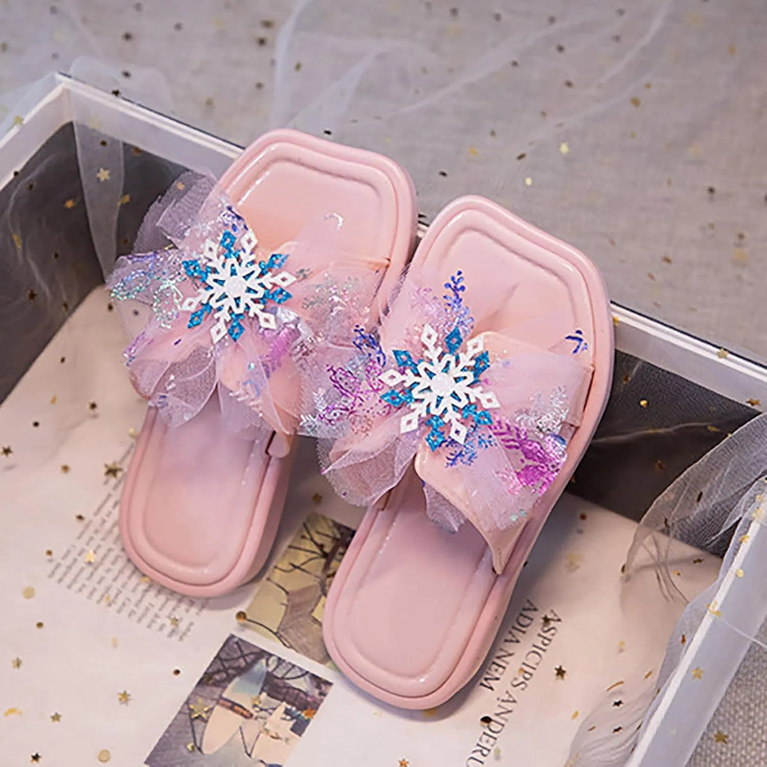Kids Sliders Shiny Tulle Square Head Flat Slippers Toddler Girls Summer Cute Outdoor Flip Flops Open Toe Non-Slip Shoes
