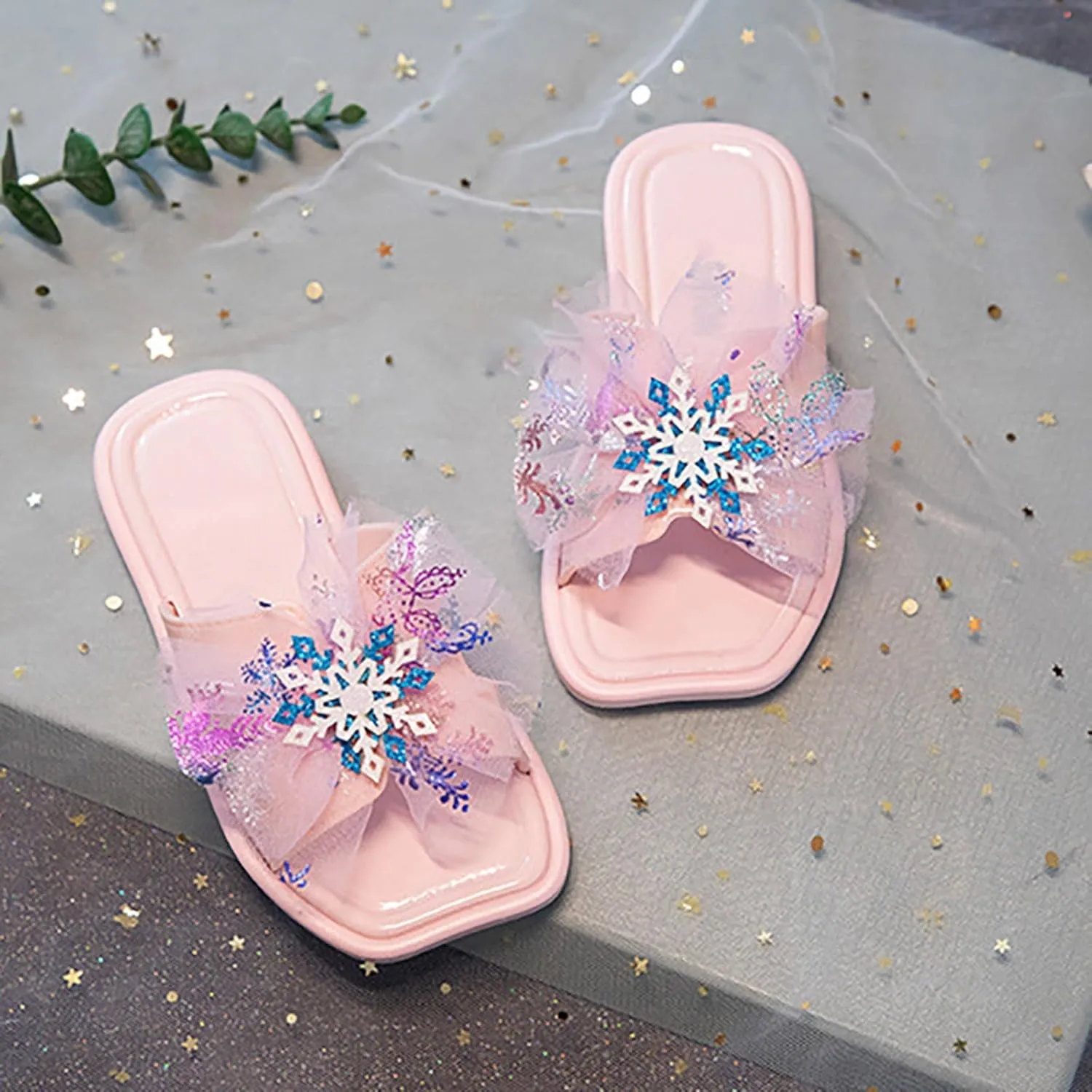 Kids Sliders Shiny Tulle Square Head Flat Slippers Toddler Girls Summer Cute Outdoor Flip Flops Open Toe Non-Slip Shoes