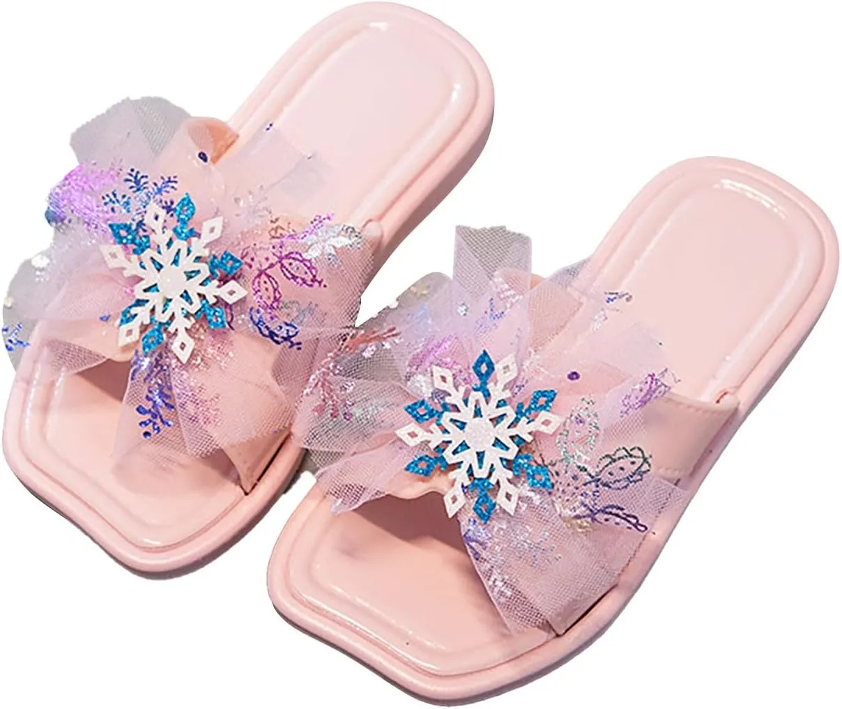 Kids Sliders Shiny Tulle Square Head Flat Slippers Toddler Girls Summer Cute Outdoor Flip Flops Open Toe Non-Slip Shoes