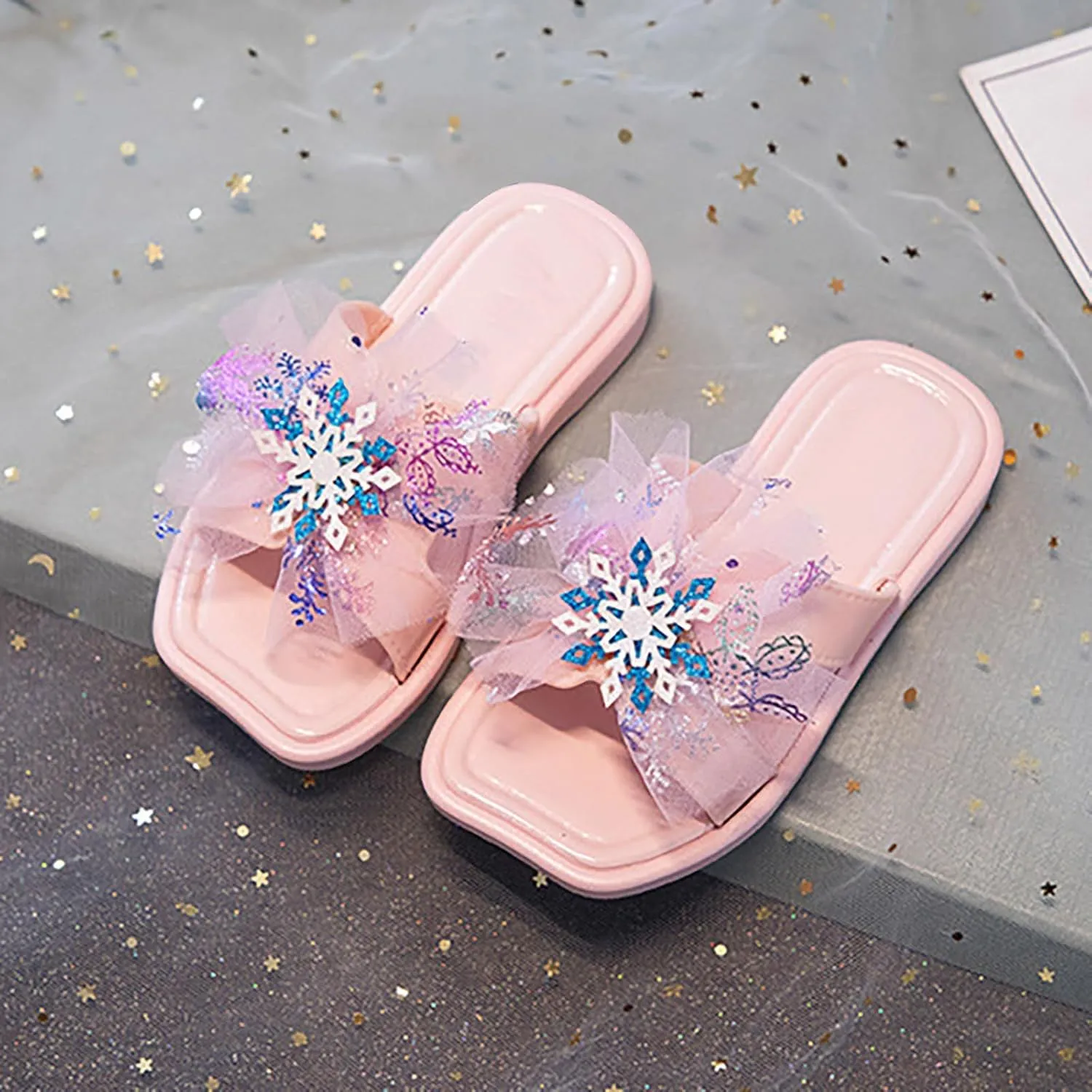 Kids Sliders Shiny Tulle Square Head Flat Slippers Toddler Girls Summer Cute Outdoor Flip Flops Open Toe Non-Slip Shoes