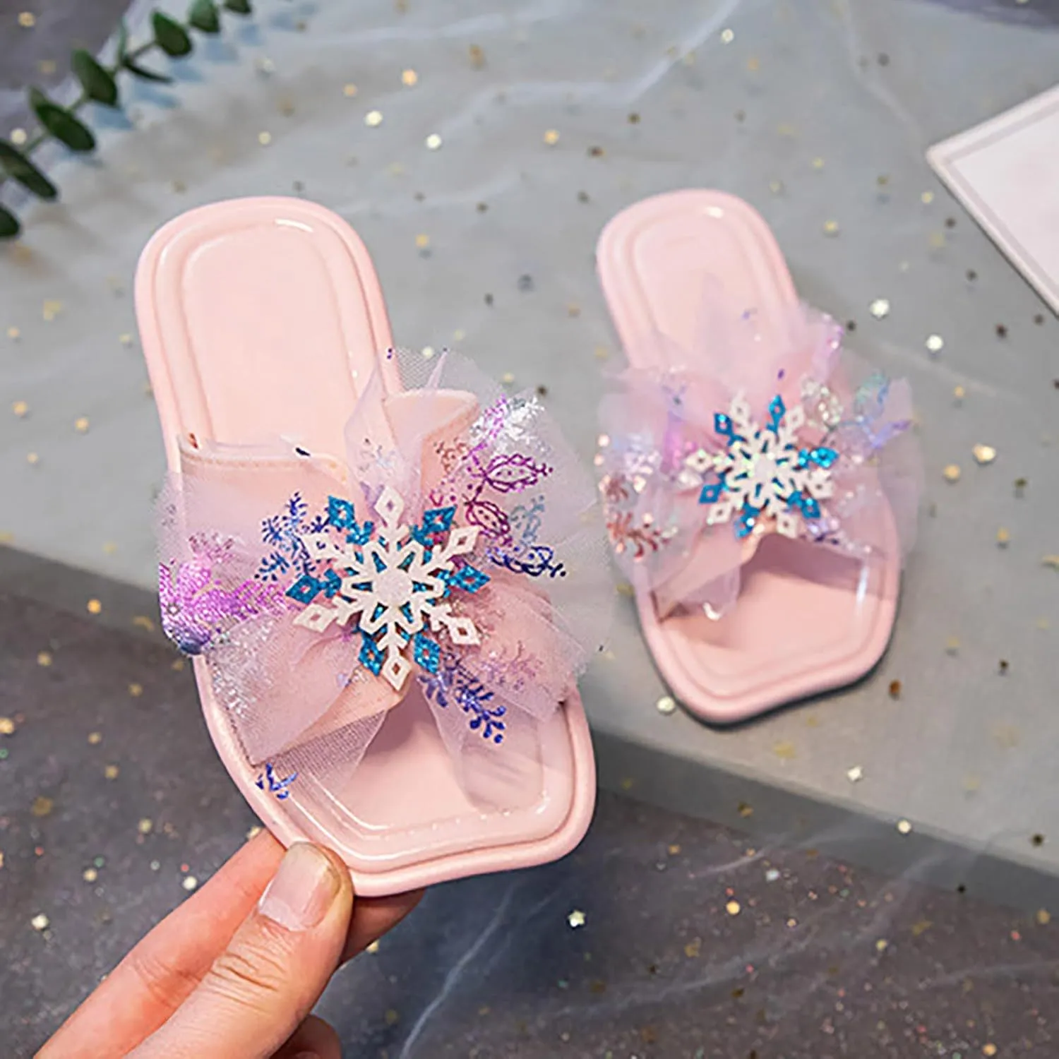 Kids Sliders Shiny Tulle Square Head Flat Slippers Toddler Girls Summer Cute Outdoor Flip Flops Open Toe Non-Slip Shoes