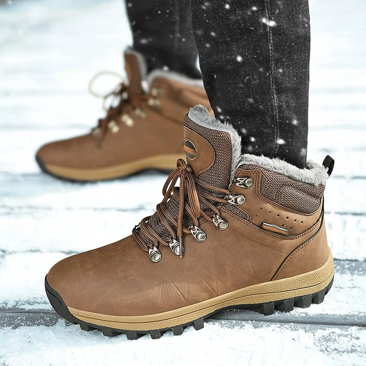 Mens Boots Men Snow Boots Warm Plush Men Waterproof Leather Ankle Boots Outdoor Non-slip Hiking Boots Sneakers Big Size