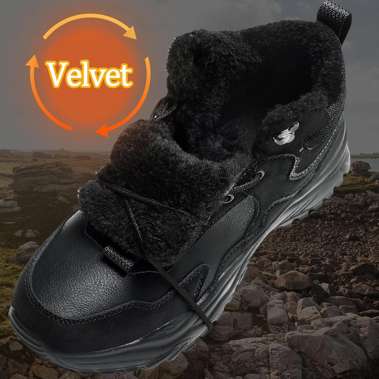 Men's Leather Fur Lined Waterproof Snow Boots Round Toe Warm Lace Up Lightweight Non-Slip Hiking Boots for Winter Outdoor Work Ankle Boots
