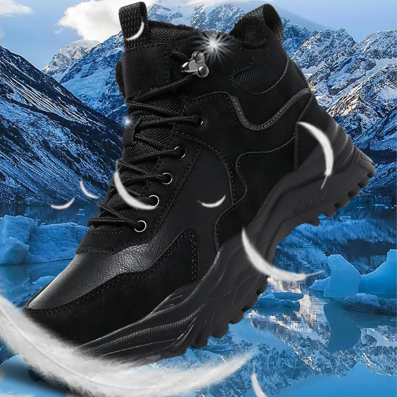 Men's Leather Fur Lined Waterproof Snow Boots Round Toe Warm Lace Up Lightweight Non-Slip Hiking Boots for Winter Outdoor Work Ankle Boots