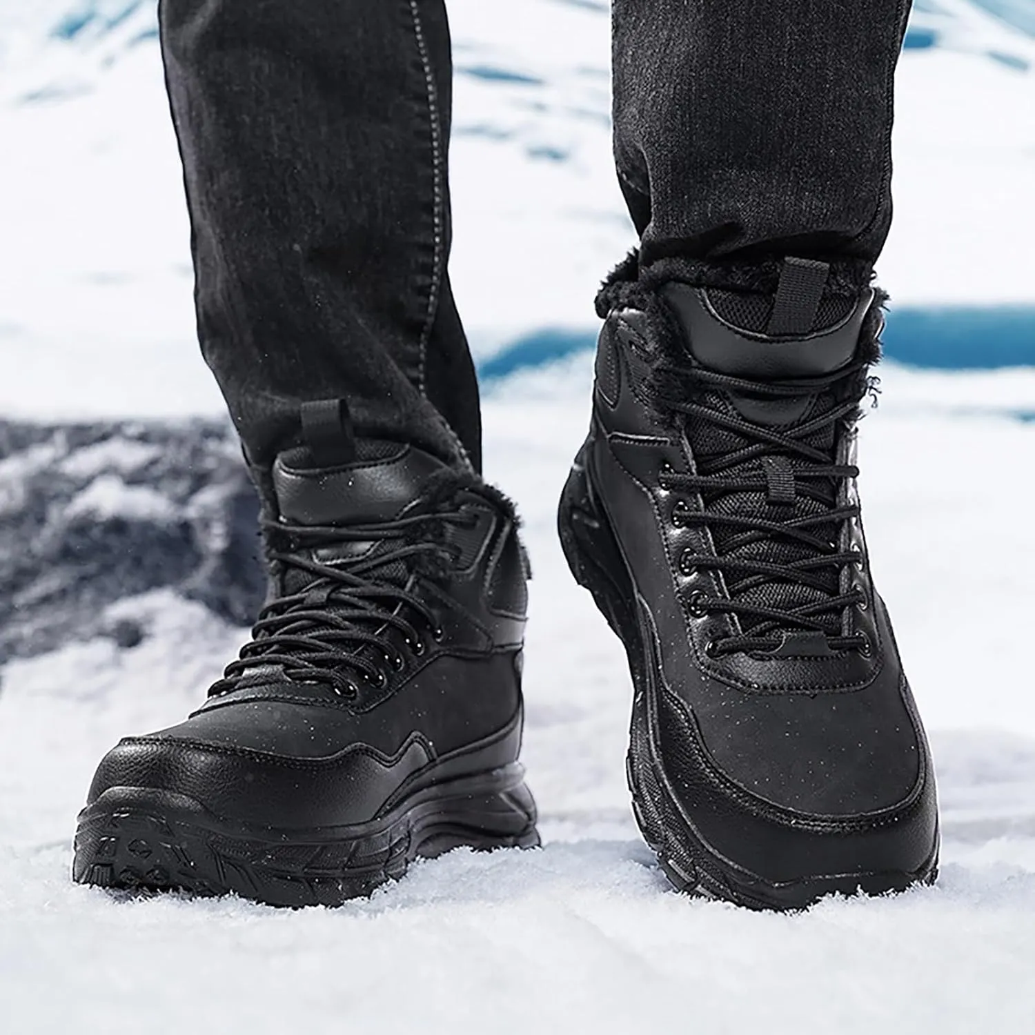 Men's Winter Waterproof Platform Hiking Snow Boots Lace Up Comfort Fur Lined Warm Ankle Boots Outdoor Lightweight Anti-Slip Work Booties
