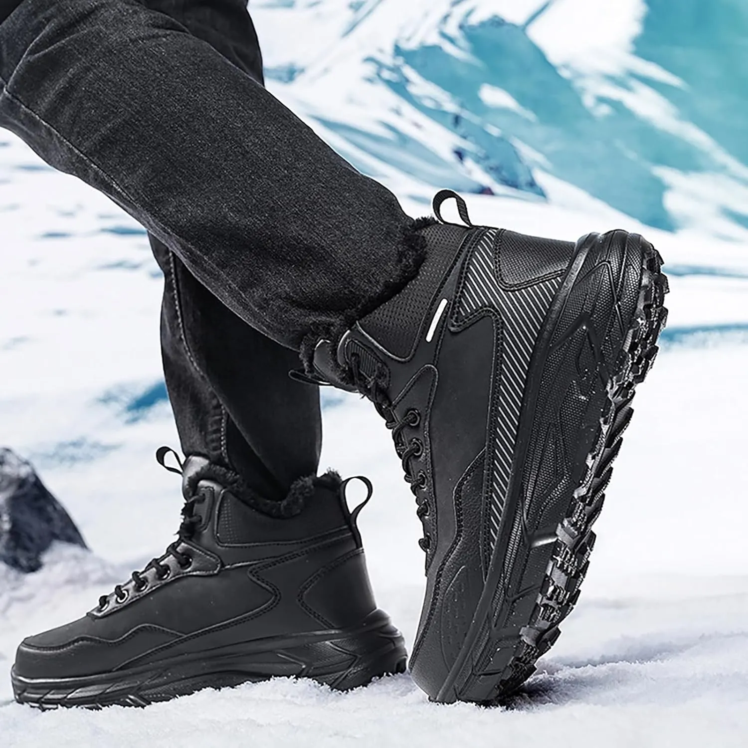 Men's Winter Waterproof Platform Hiking Snow Boots Lace Up Comfort Fur Lined Warm Ankle Boots Outdoor Lightweight Anti-Slip Work Booties