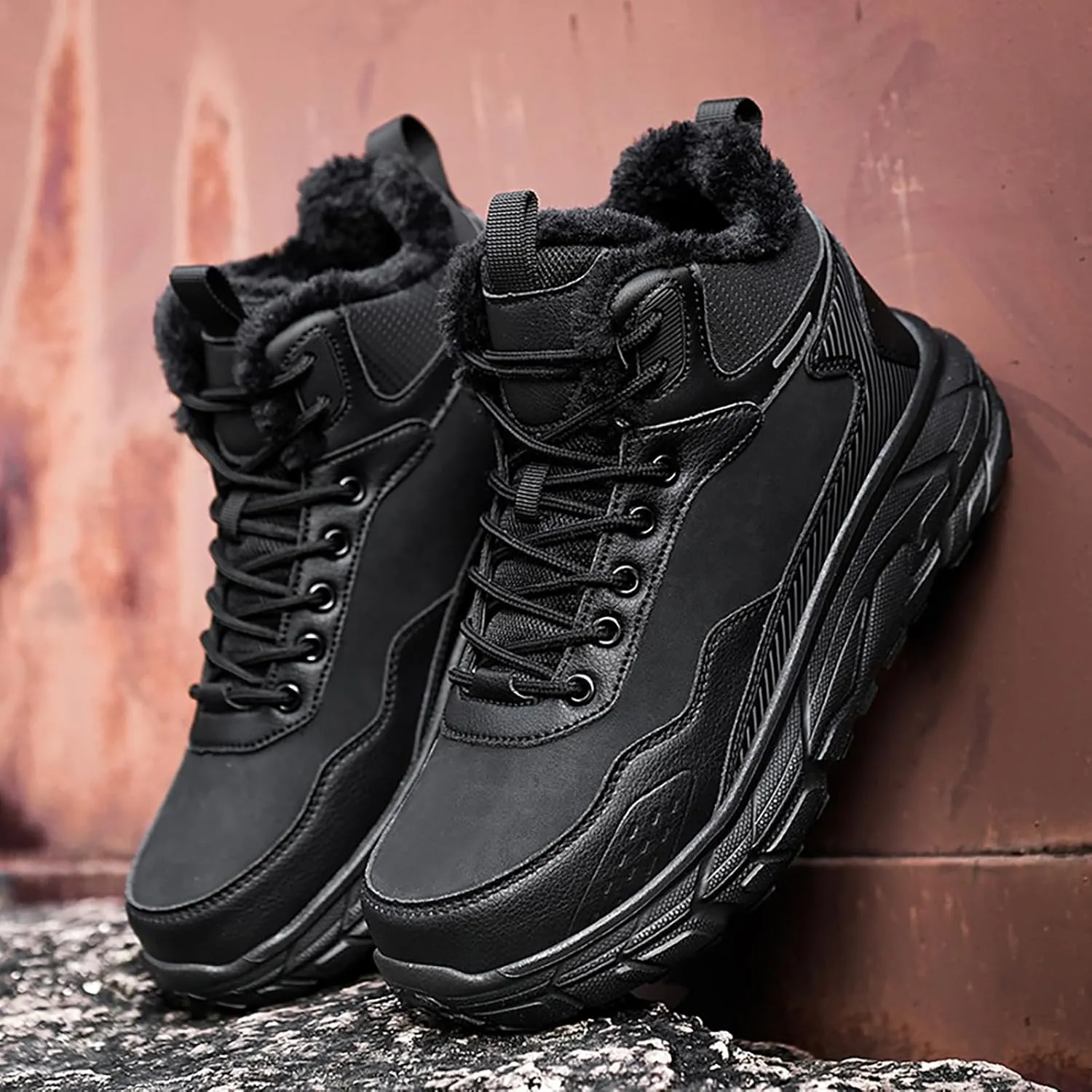 Men's Winter Waterproof Platform Hiking Snow Boots Lace Up Comfort Fur Lined Warm Ankle Boots Outdoor Lightweight Anti-Slip Work Booties