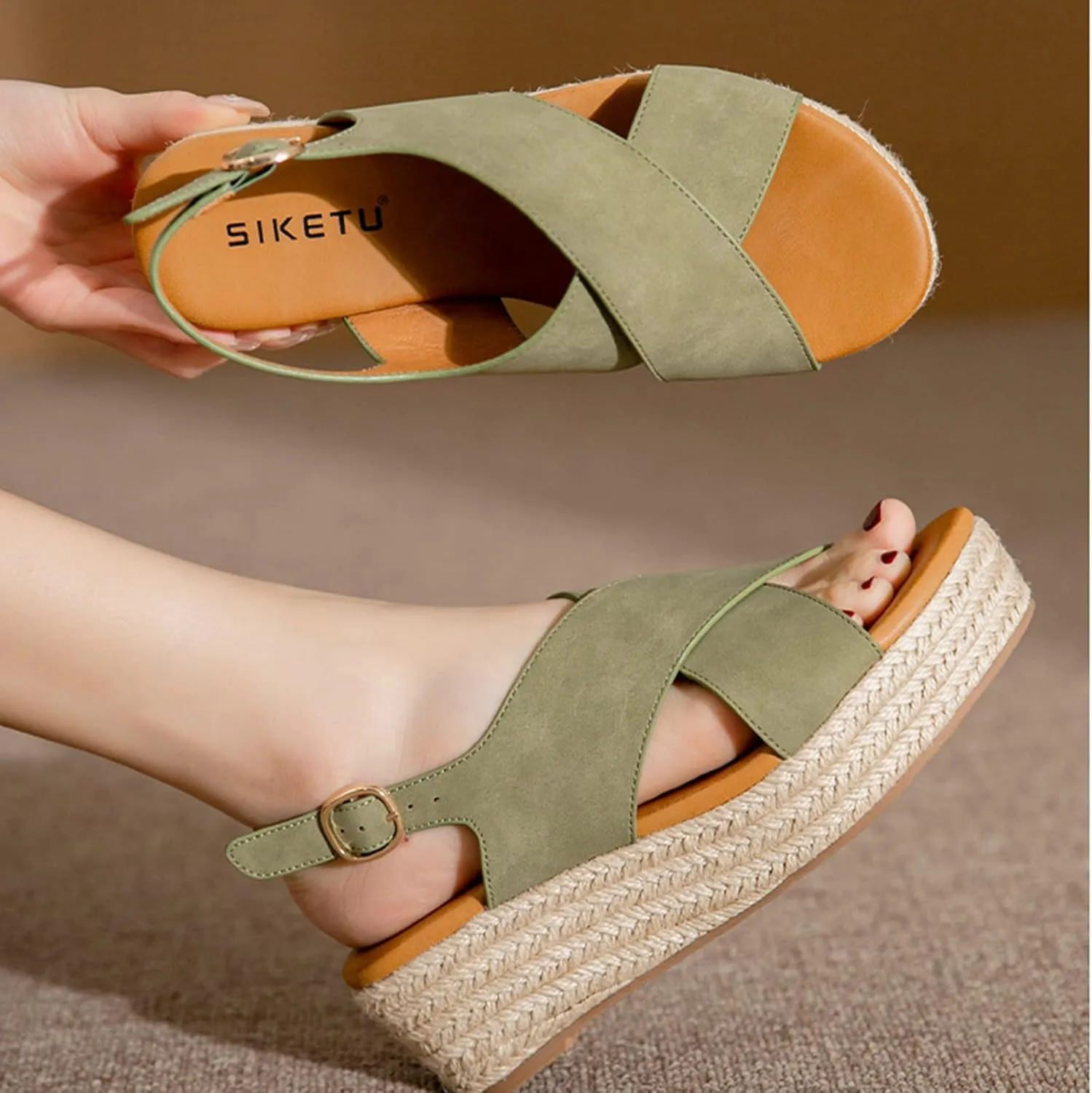 Open Toe Buckle Ankle Strap Espadrilles Platform Wedge Casual Sandal Espadille Wedge Braided Fishmouth Walking Beach Dressy Summer Shoes Comfortable Sponge Cake Breathable Outdoor Travel Sandal