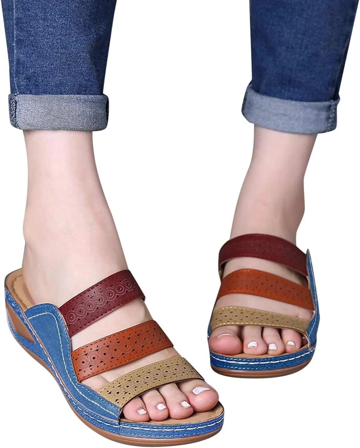 Orthopedic Sandals for Women Wide Width Color Block Leather Walking Beach Shoes Slip On Arch Support Fish Mouth Slippers