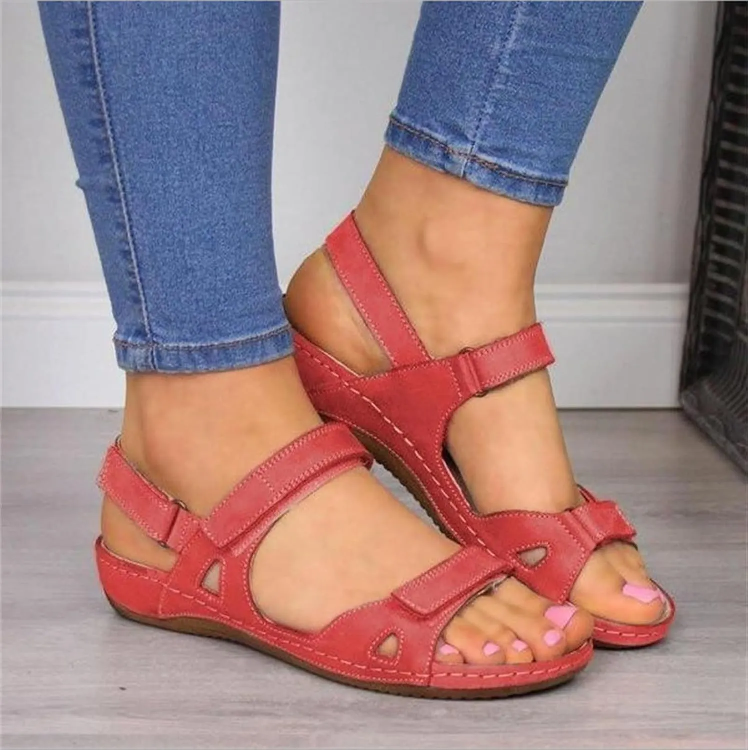 Sandals for Women Orthopedic Shoes Comfortable Dressy Low Open Toe Wedge Sandal Summer Slip On Walking Casual Platform Breathable Trendy Flat Sandal Fish Mouth Going Out Shoe with Adjustable Hook Loop