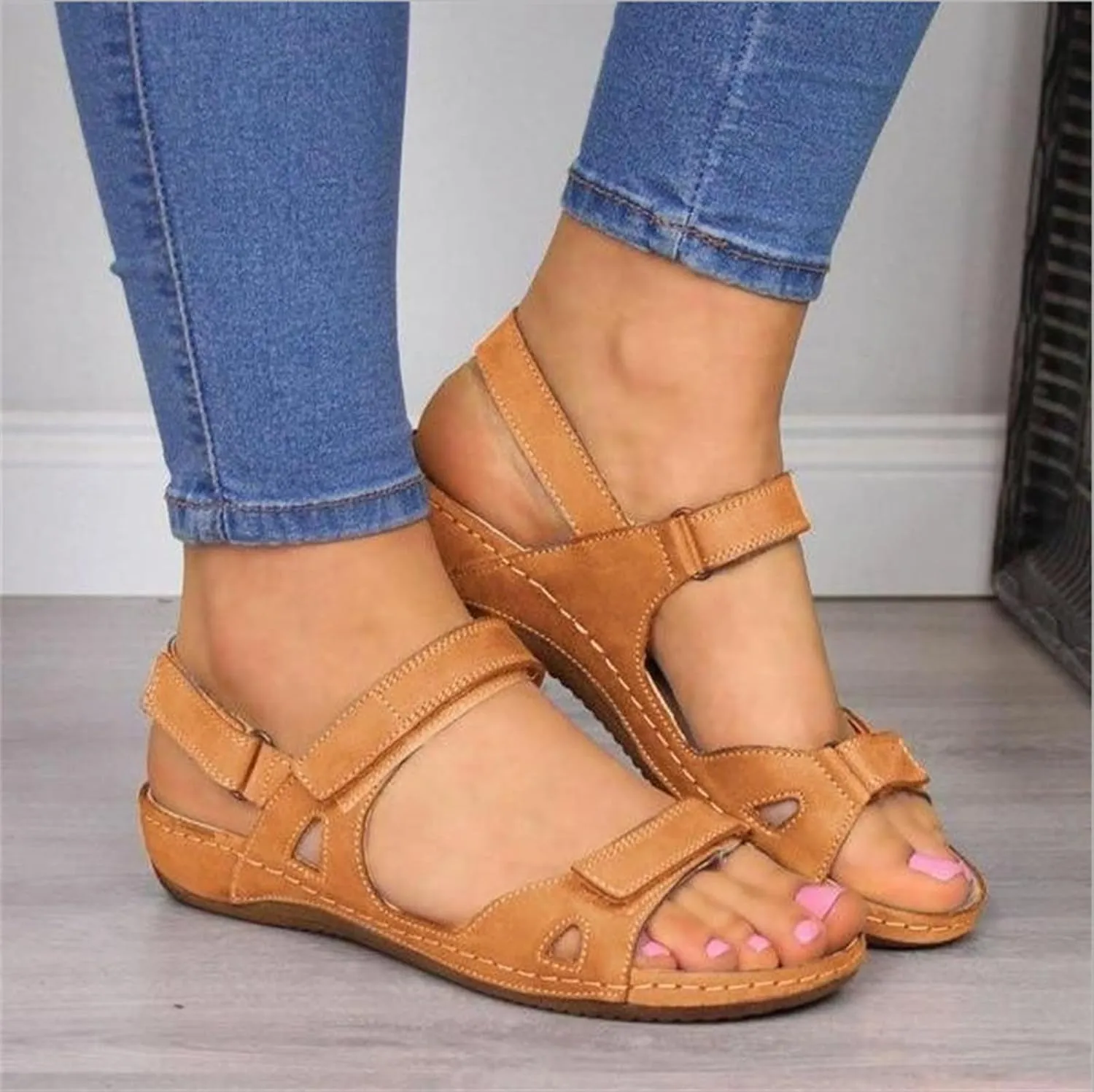 Sandals for Women Orthopedic Shoes Comfortable Dressy Low Open Toe Wedge Sandal Summer Slip On Walking Casual Platform Breathable Trendy Flat Sandal Fish Mouth Going Out Shoe with Adjustable Hook Loop