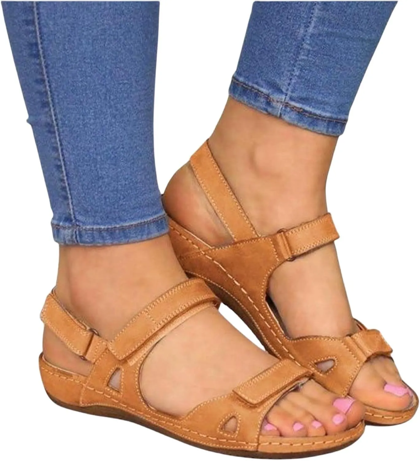 Sandals for Women Orthopedic Shoes Comfortable Dressy Low Open Toe Wedge Sandal Summer Slip On Walking Casual Platform Breathable Trendy Flat Sandal Fish Mouth Going Out Shoe with Adjustable Hook Loop