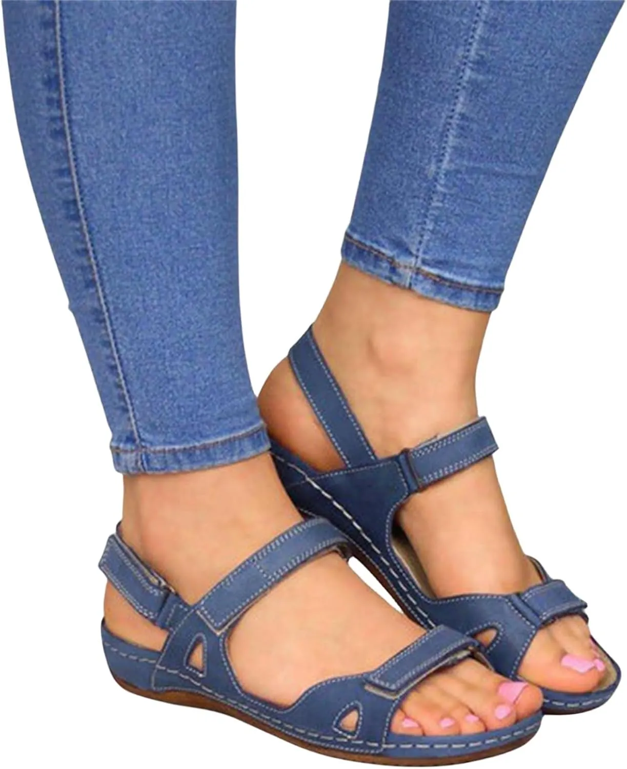 Sandals for Women Orthopedic Shoes Comfortable Dressy Low Open Toe Wedge Sandal Summer Slip On Walking Casual Platform Breathable Trendy Flat Sandal Fish Mouth Going Out Shoe with Adjustable Hook Loop