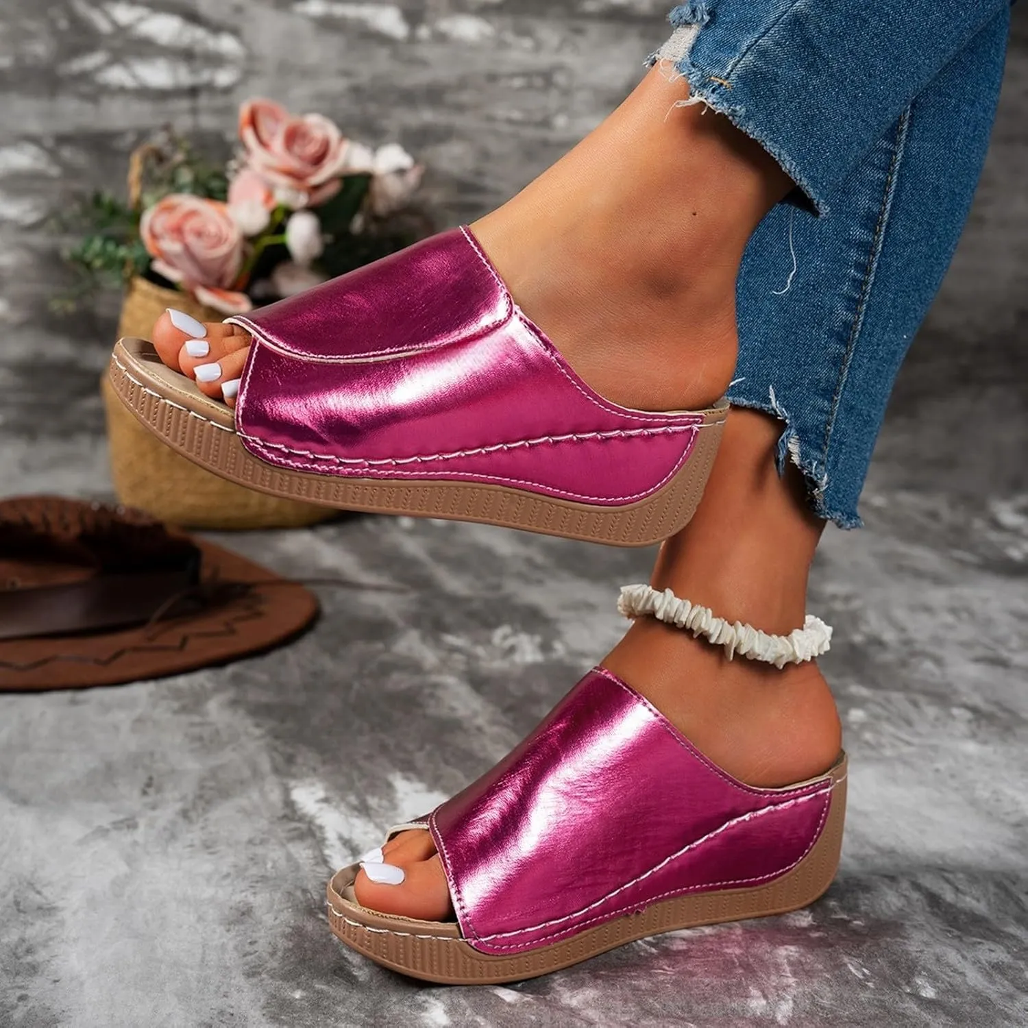 Sandals for Women Platform Wedge Open Toe Low Heel Beach Flats Ankle Chelsea Dress Shoes Orthopedic Casual Summer Slip on Sandal Flat Espadrilles Walking Slippers Arch Support Strappy Wedges