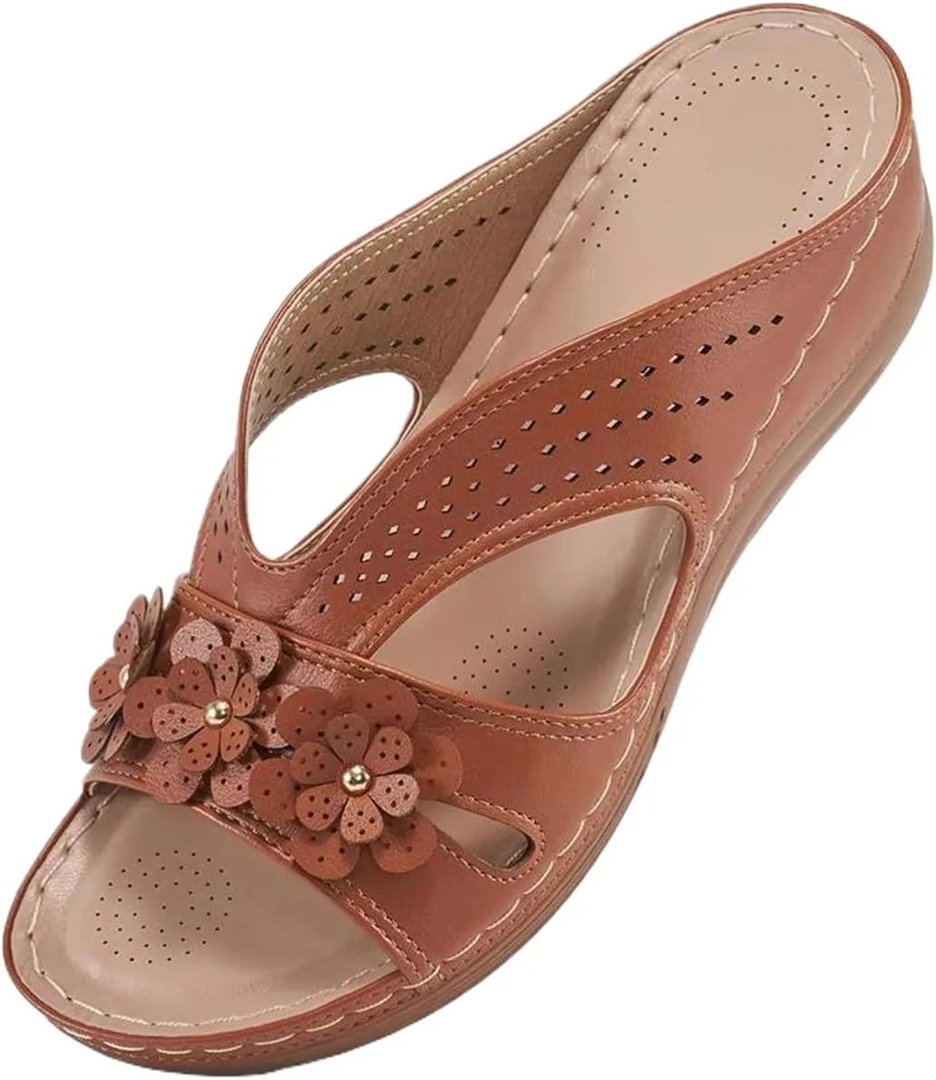 Sandals for Women Wedge Shoes Slip On Dressy Summer Comfortable Slides Arch Support with Flowers Sandal Casual Comfort Lightweight Cross Strap Sandals-Shock Platform Fishmouth Slippers