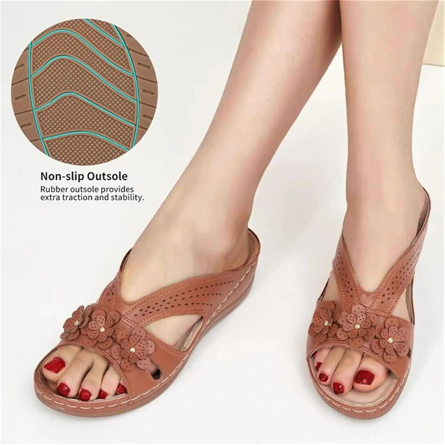 Sandals for Women Wedge Shoes Slip On Dressy Summer Comfortable Slides Arch Support with Flowers Sandal Casual Comfort Lightweight Cross Strap Sandals-Shock Platform Fishmouth Slippers