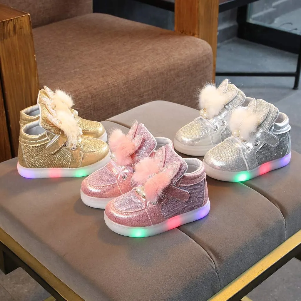 Toddler Baby Girls ??artoon Rabbit Luminous Sport Shoes Fashion High Top Flashing Light Up Casual Walking Sneakers