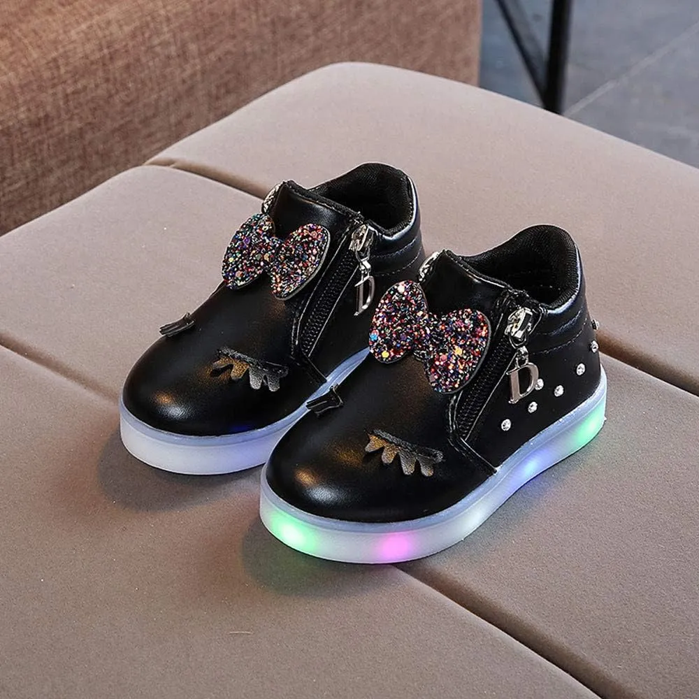 Toddler Girls ??hinestone Light Up Sneaker High Top Slip On Rubber Bottom Zipper Cute Fashion Baby Dressing Shoes Girl