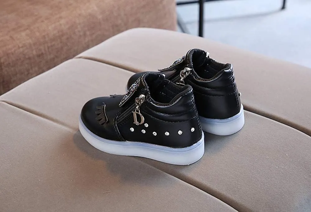 Toddler Girls ??hinestone Light Up Sneaker High Top Slip On Rubber Bottom Zipper Cute Fashion Baby Dressing Shoes Girl