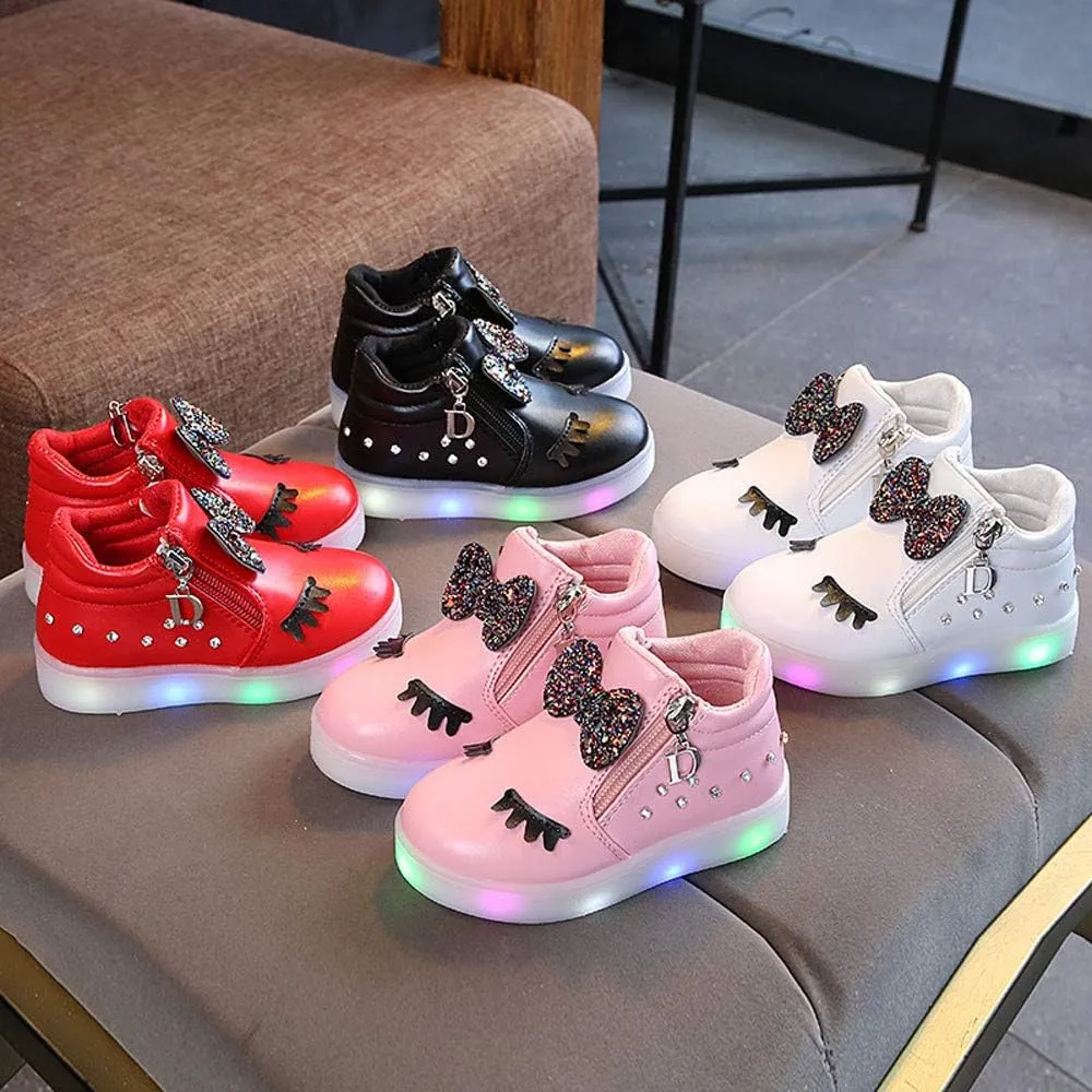 Toddler Girls ??hinestone Light Up Sneaker High Top Slip On Rubber Bottom Zipper Cute Fashion Toddler Shoes for Girl