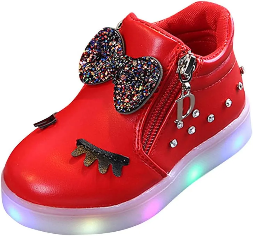 Toddler Girls ??hinestone Light Up Sneaker High Top Slip On Rubber Bottom Zipper Cute Fashion Toddler Shoes for Girl