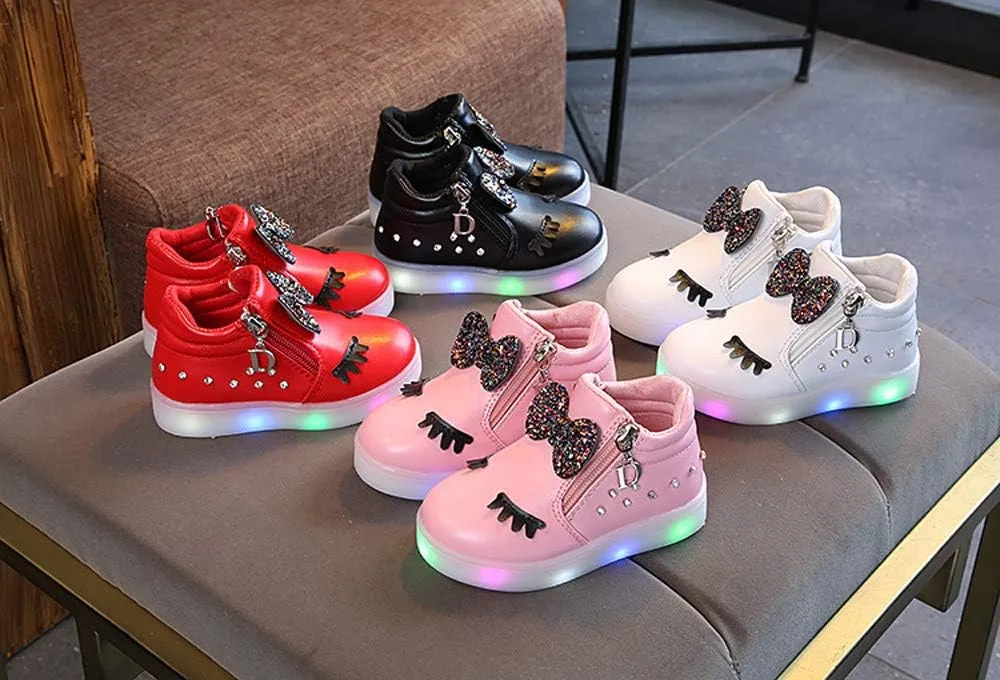 Toddler Girls ??hinestone Light Up Sneaker High Top Slip On Rubber Bottom Zipper Cute Fashion Toddler Shoes for Girl
