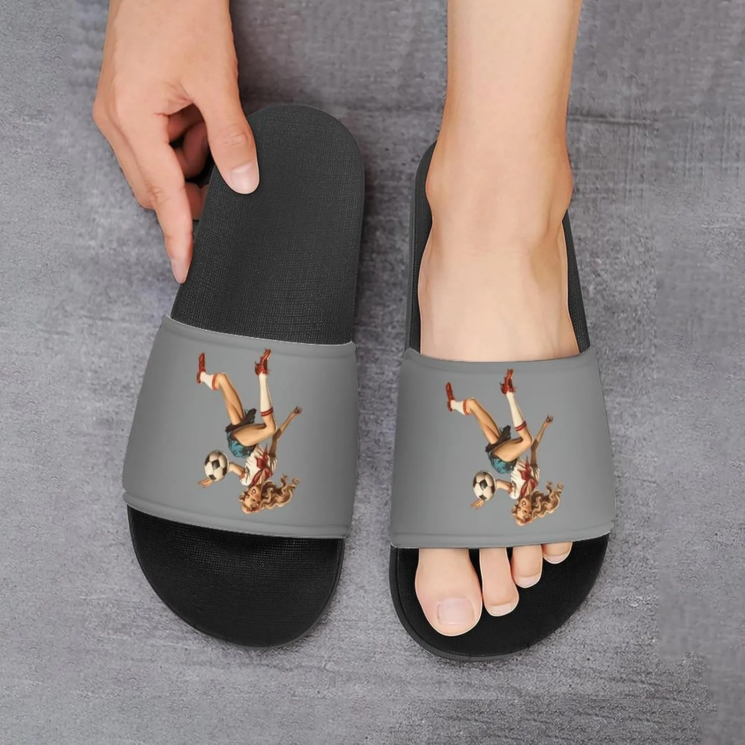 Vintage Pinupgirl Playing Soccer Funny Slippers Slides Sandals Shower Home House Shoes Non Slip Soft Sole Shoe For Men Women Bathroom