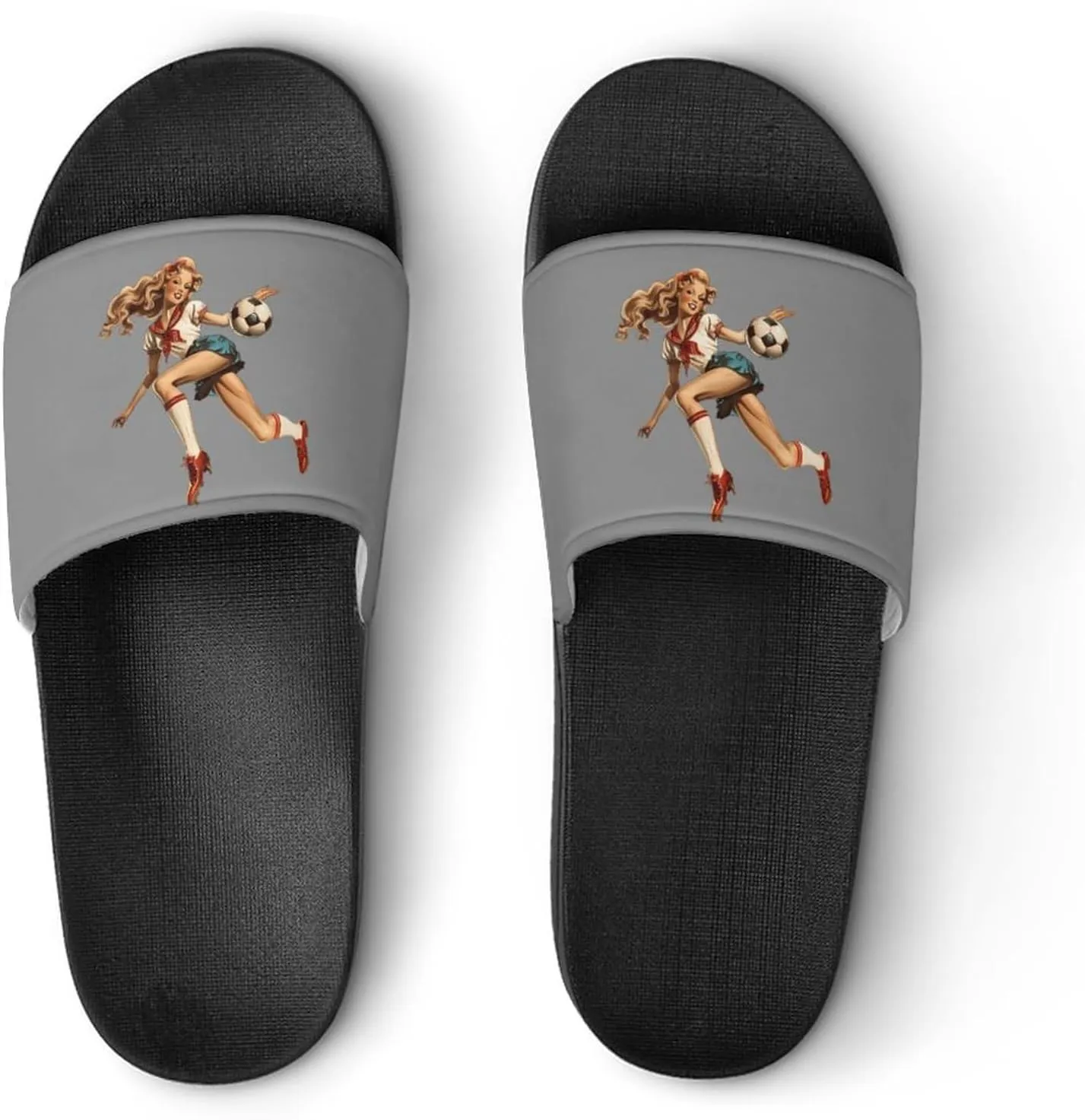 Vintage Pinupgirl Playing Soccer Funny Slippers Slides Sandals Shower Home House Shoes Non Slip Soft Sole Shoe For Men Women Bathroom