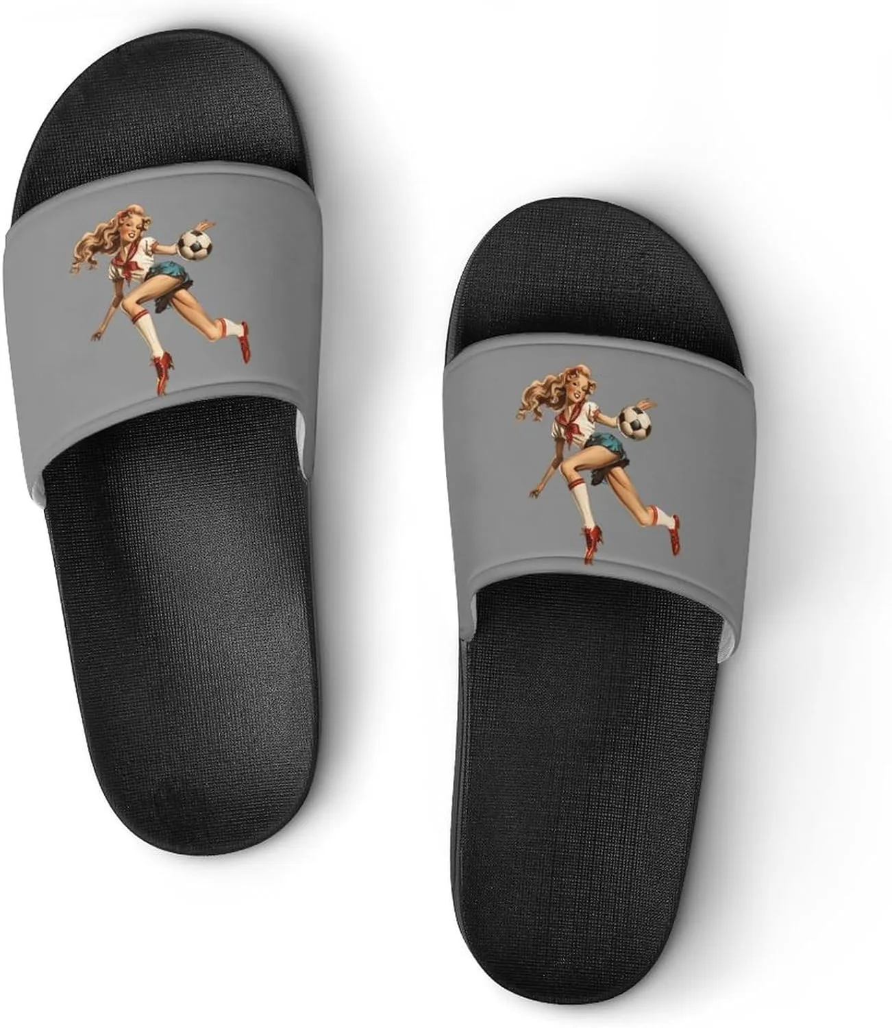 Vintage Pinupgirl Playing Soccer Funny Slippers Slides Sandals Shower Home House Shoes Non Slip Soft Sole Shoe For Men Women Bathroom