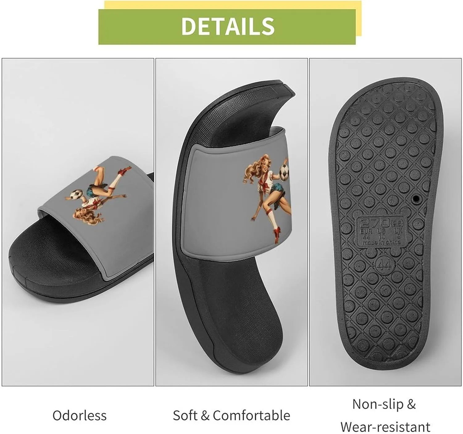 Vintage Pinupgirl Playing Soccer Funny Slippers Slides Sandals Shower Home House Shoes Non Slip Soft Sole Shoe For Men Women Bathroom
