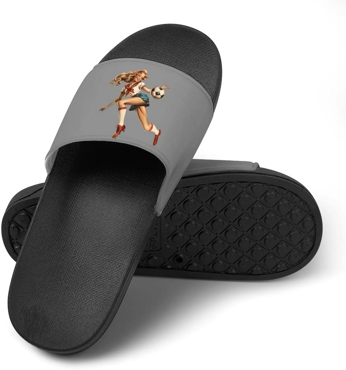Vintage Pinupgirl Playing Soccer Funny Slippers Slides Sandals Shower Home House Shoes Non Slip Soft Sole Shoe For Men Women Bathroom