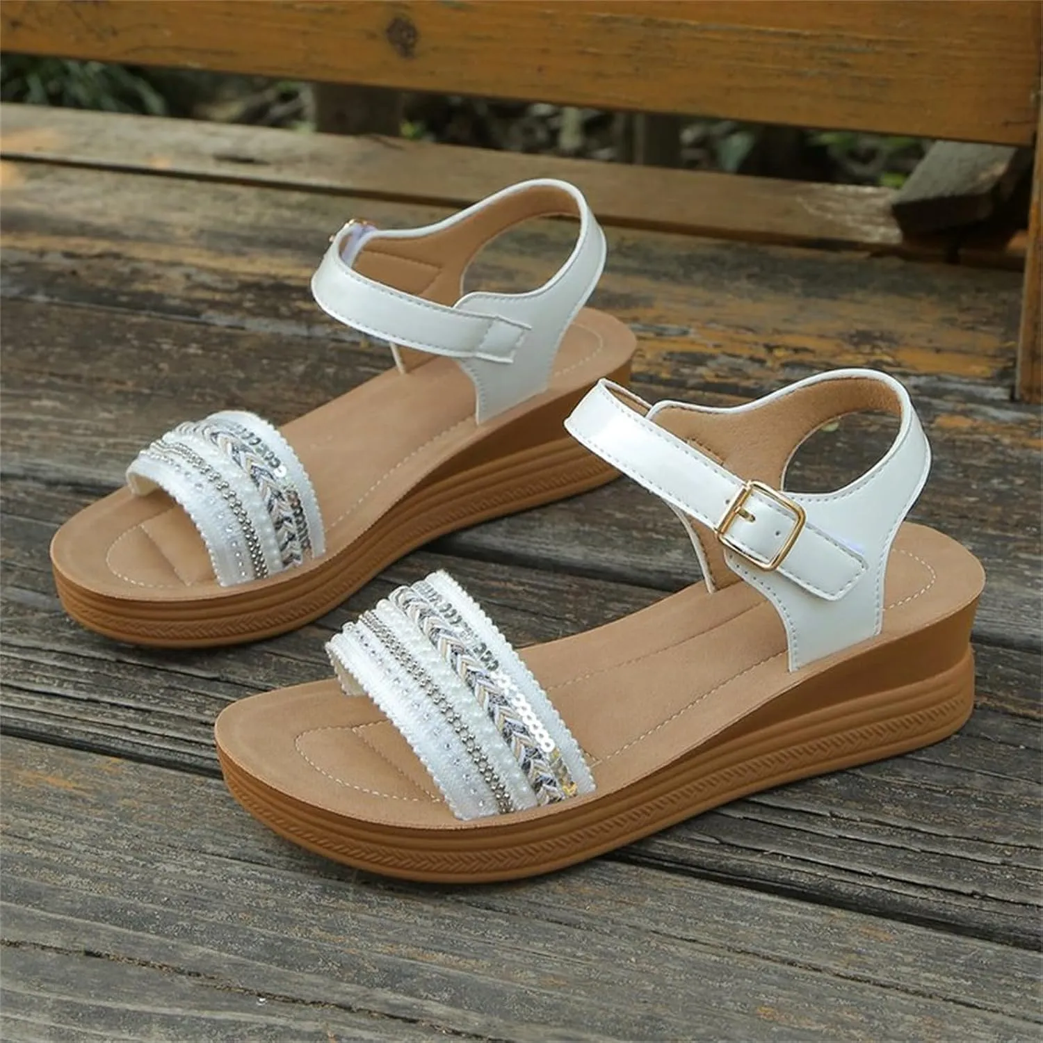Wedge Sandals for Women Low Dressy Summer Slip On Pearl Dress Sandals Trendy Ankle Strap Adjustable Buckle Walking Shoes
