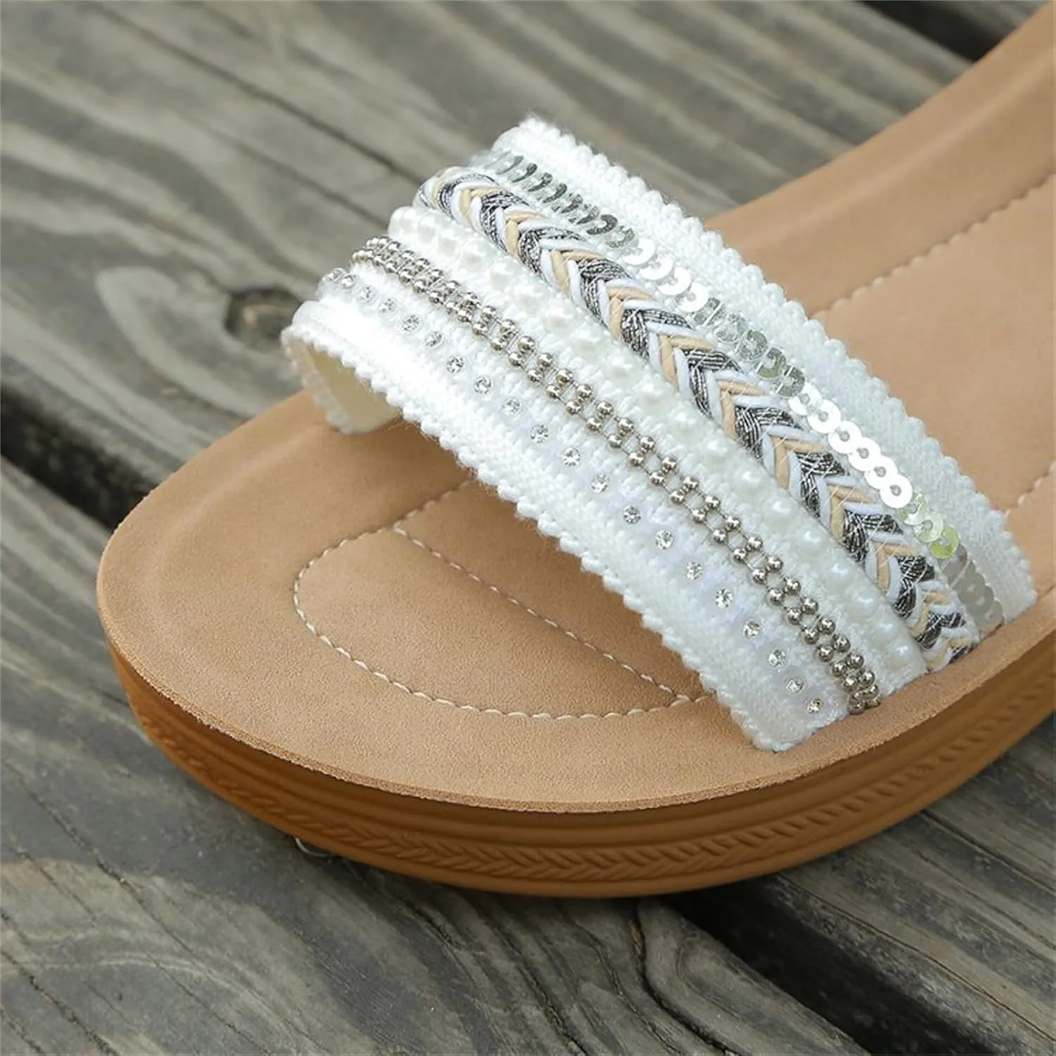 Wedge Sandals for Women Low Dressy Summer Slip On Pearl Dress Sandals Trendy Ankle Strap Adjustable Buckle Walking Shoes