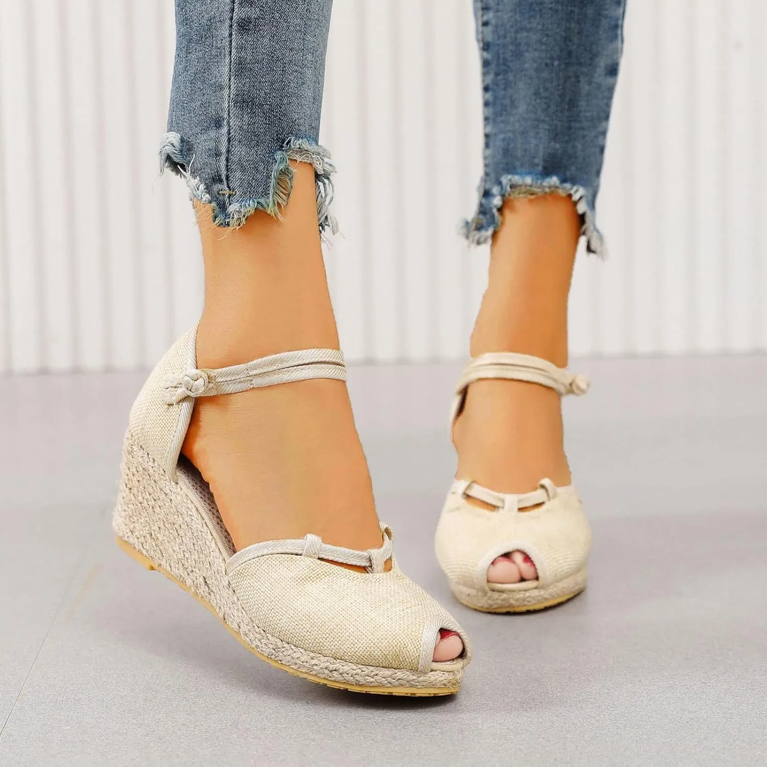 Women Ankle Strap Closed Toe Espadrille Sandals Wedge Heels Dressy Summer 2025 Casual Platform Wedges Slingback Flat Sandal Woven Slip On Bohemian Breathable Low Heel Comfortable Shoes