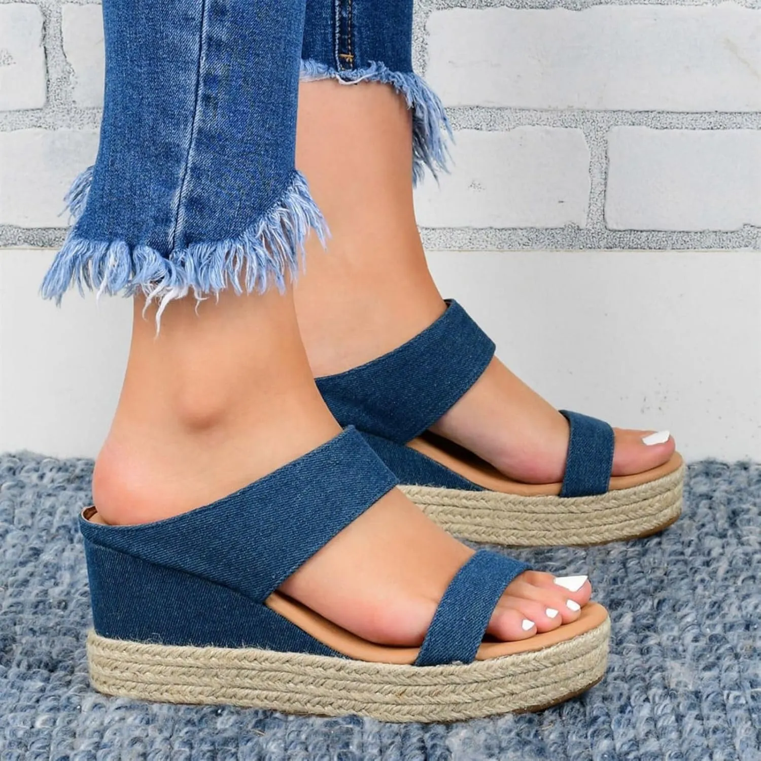Women Slip On Espadrilles Platform Wedge Sandals Slide Open Toe Espadrille Flatform Wedges Casual Sandal Dressy Summer Comfort Breathable Outdoor Walking Shoes Beach Wedding Slippers